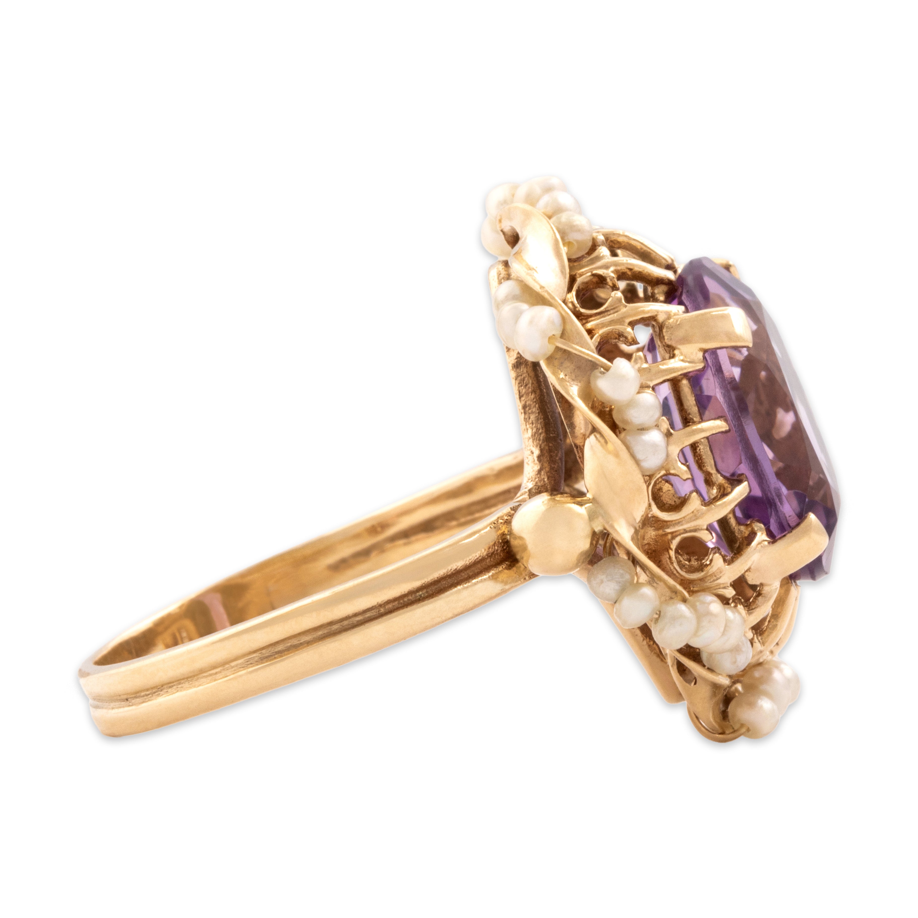 Vintage 14k Yellow Gold 3.95ct Amethyst Seed Pearl Wonderful Ribbon Adorned Cocktail Ring - Side view
