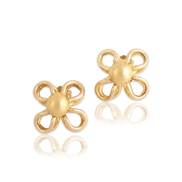 Vintage Italian 14k Yellow Gold Chic Brushed Looping Flower Stud Earrings