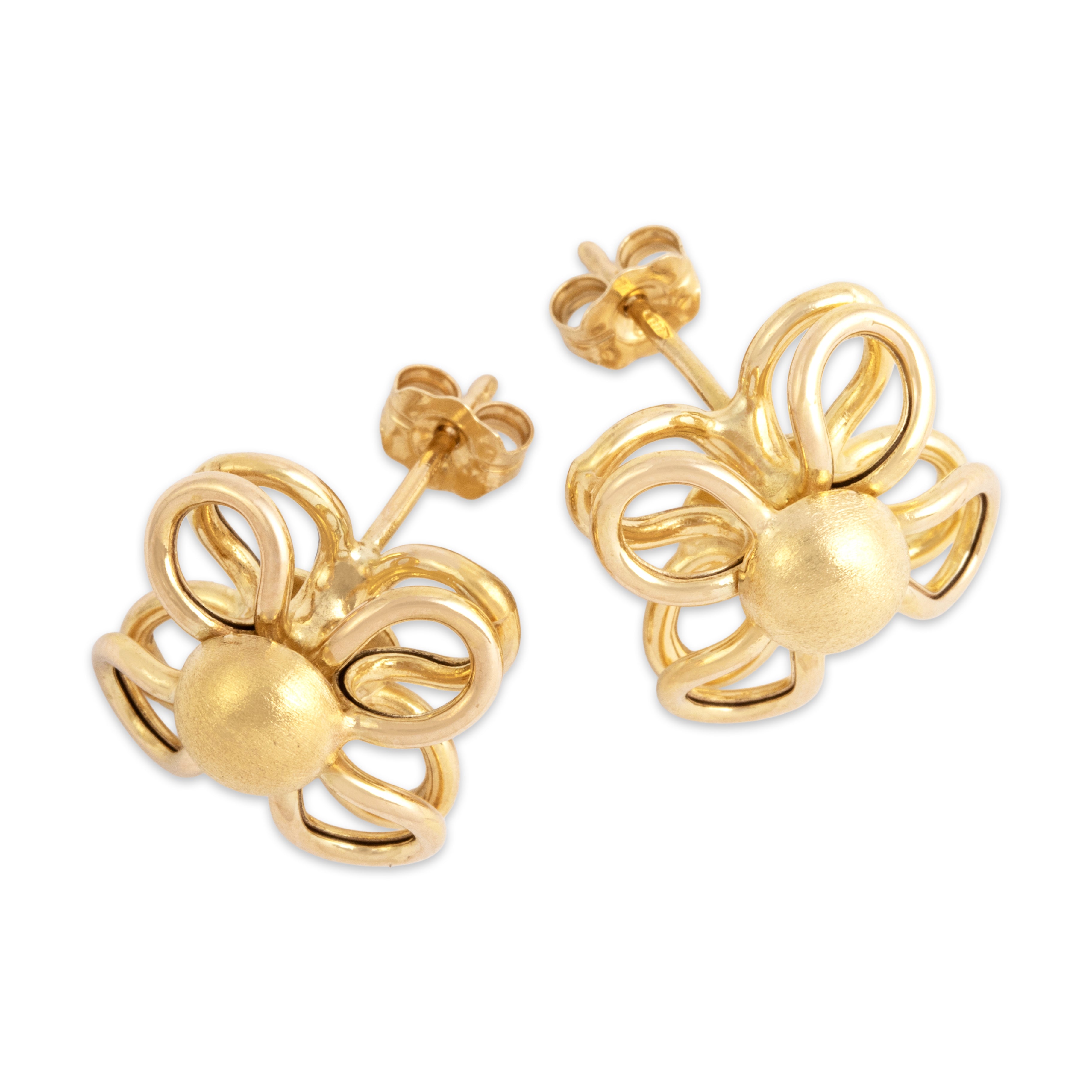Vintage Italian 14k Yellow Gold Chic Brushed Looping Flower Stud Earrings - Overall view