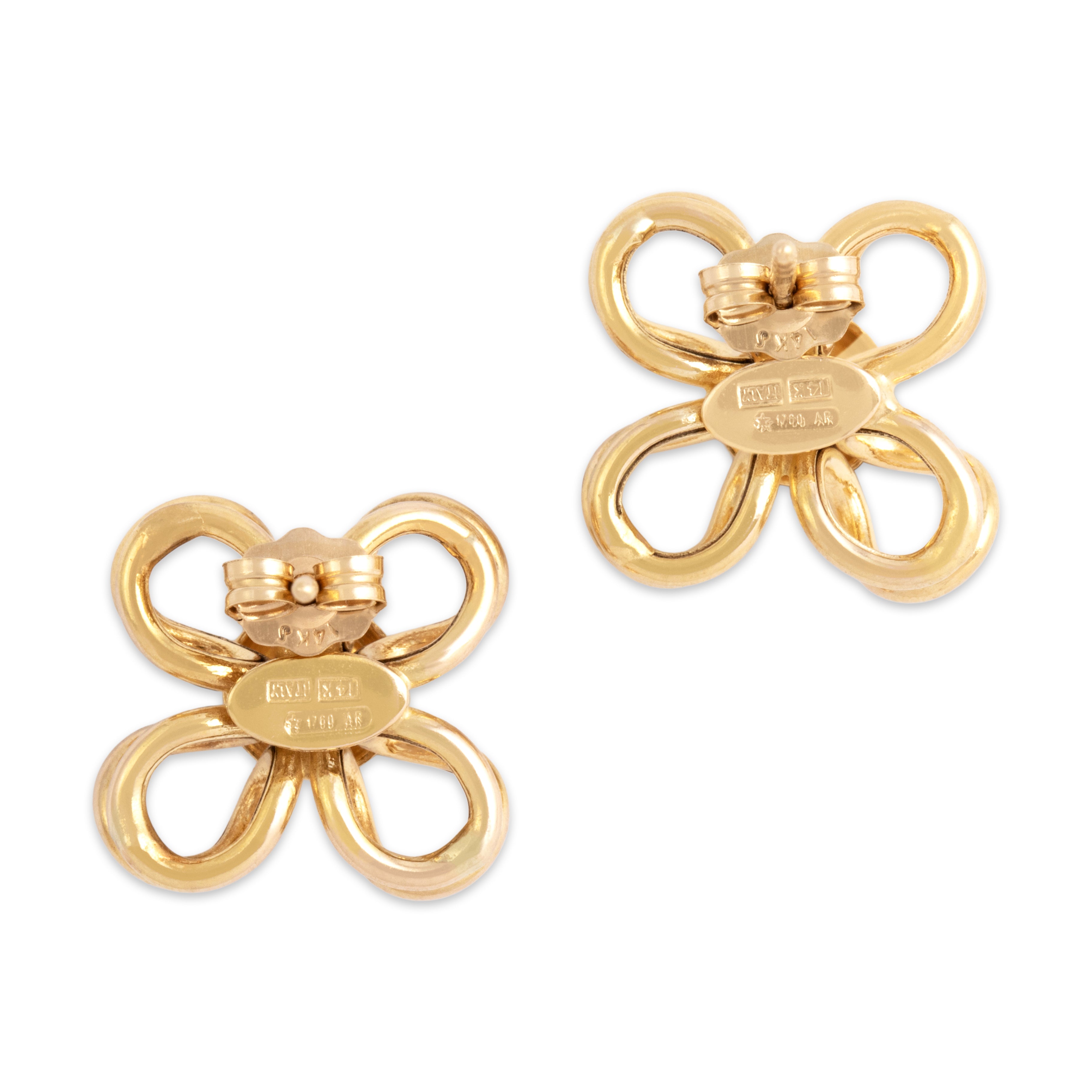 Vintage Italian 14k Yellow Gold Chic Brushed Looping Flower Stud Earrings - Back view