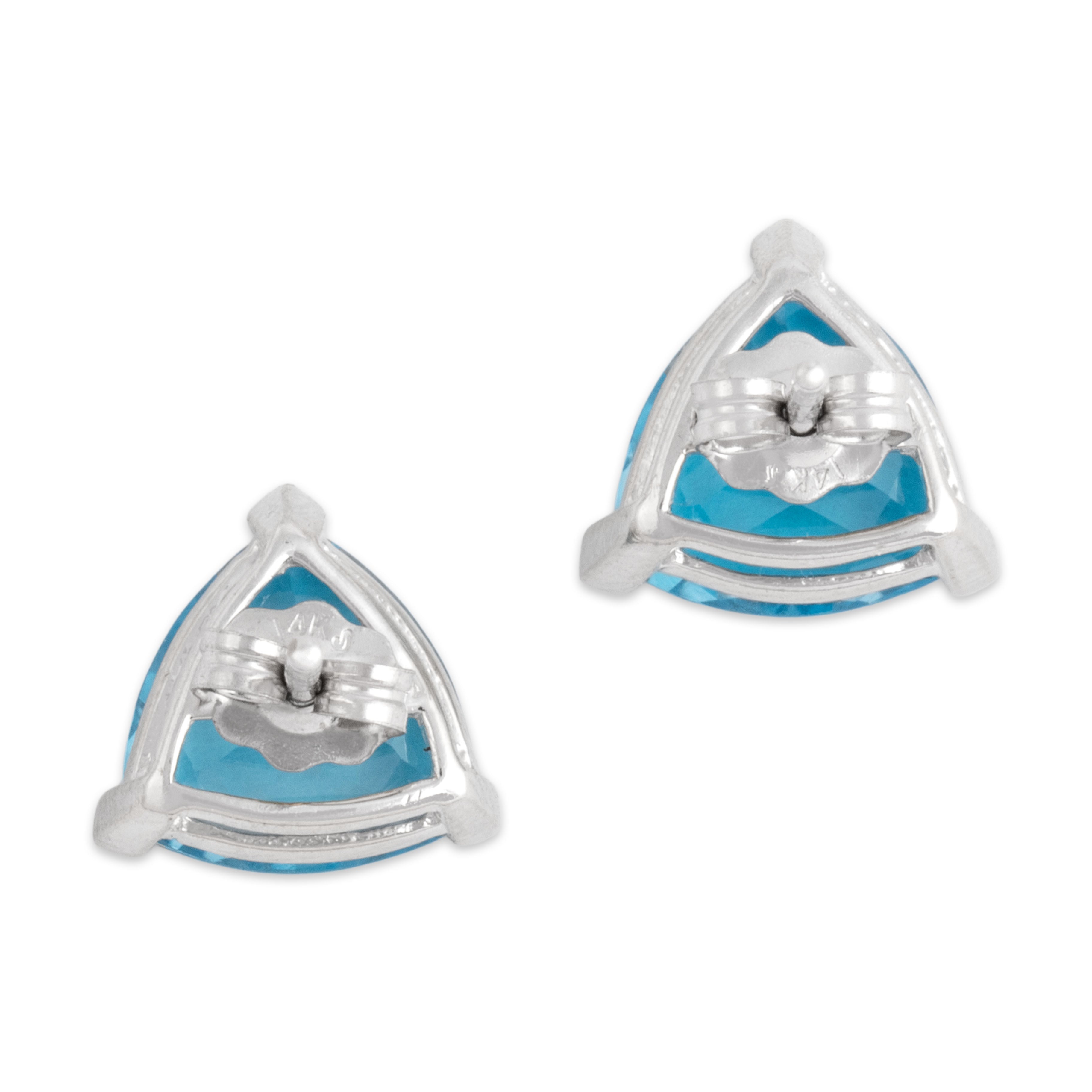 Vintage 14k White Gold 3.68cttw Blue Topaz Vibrant Triangular Stud Earrings - Back view