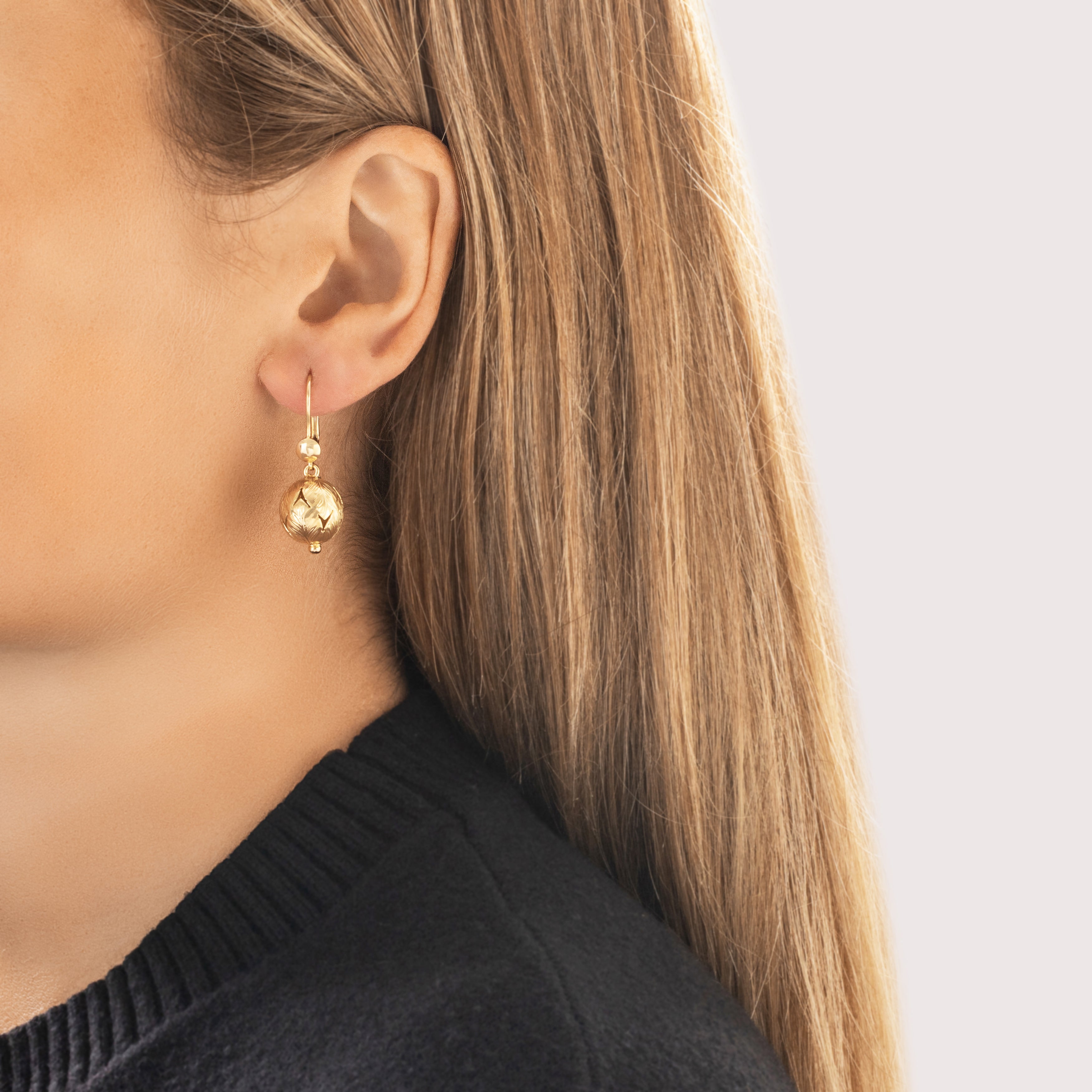Vintage Italian 14k Yellow Gold Wonderful Leafy Bauble Dangle Earrings - On model view