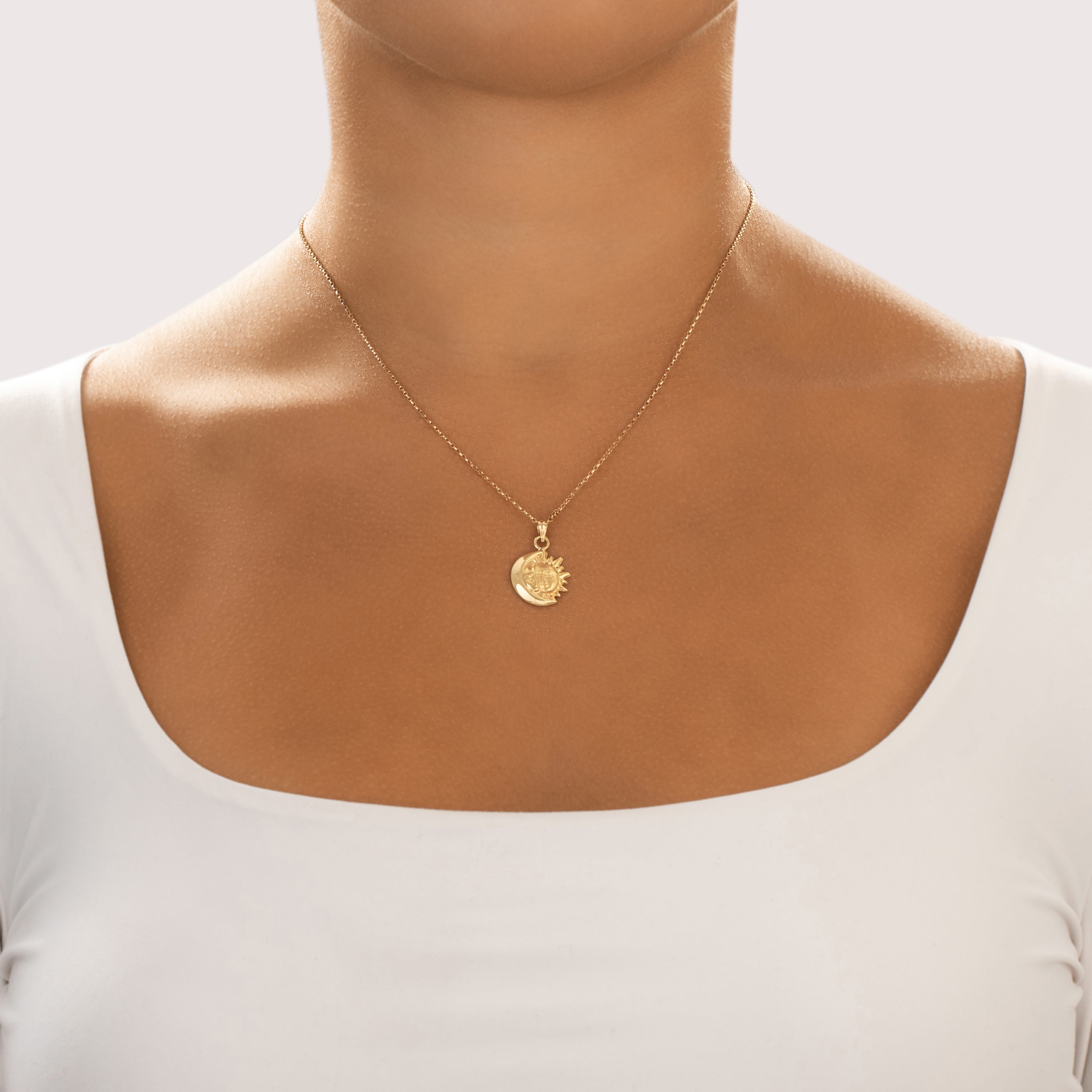 Vintage 14k Yellow Gold Nestled Celestial Duo Pendant - On model view