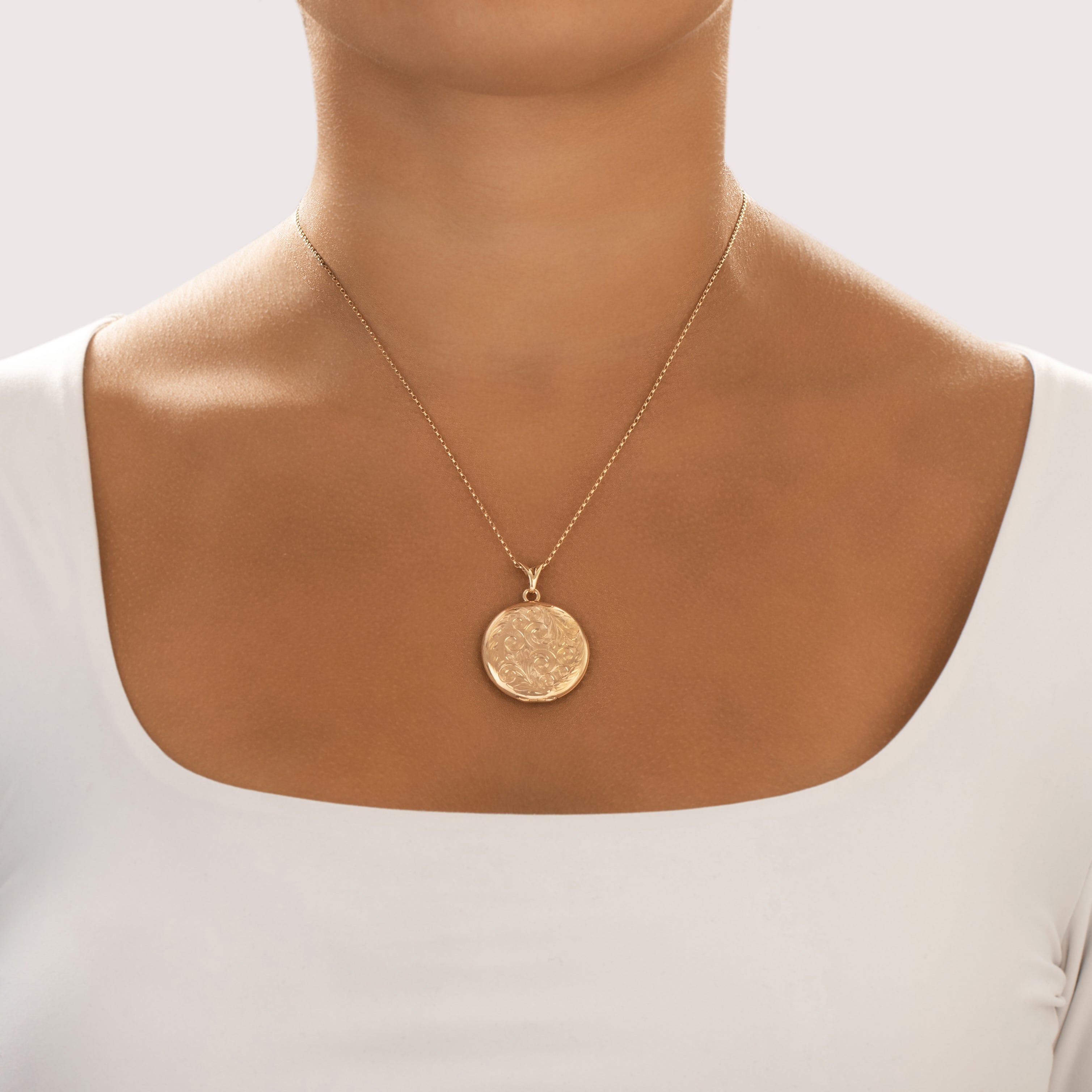 Vintage Large 14k Yellow Gold Incredible Carved Flourish Locket Pendant - On model view