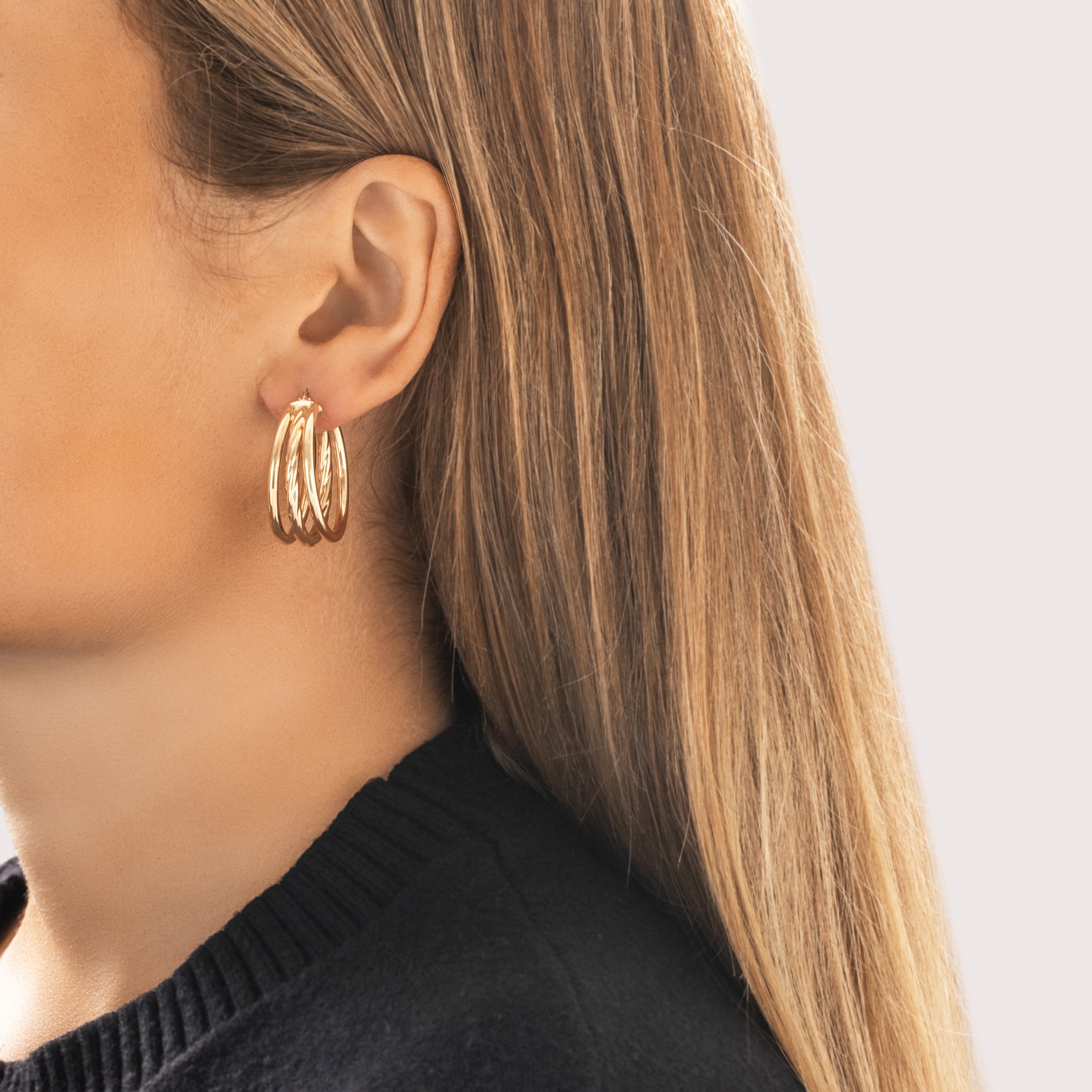 Vintage Italian Large 14k Yellow Gold Triple Twist Accent Hoop Earrings - On model view