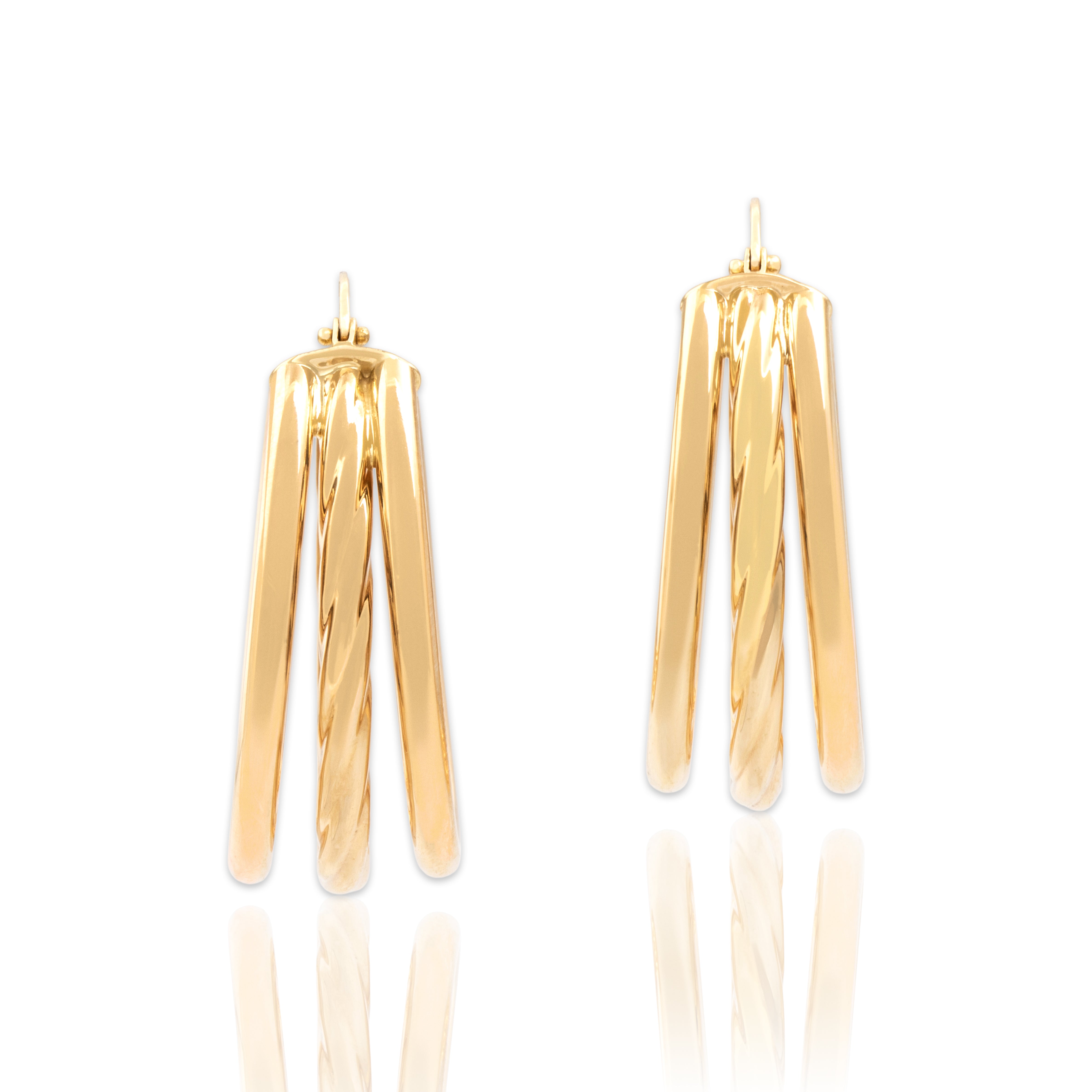 Vintage Italian Large 14k Yellow Gold Triple Twist Accent Hoop Earrings - Close-up view