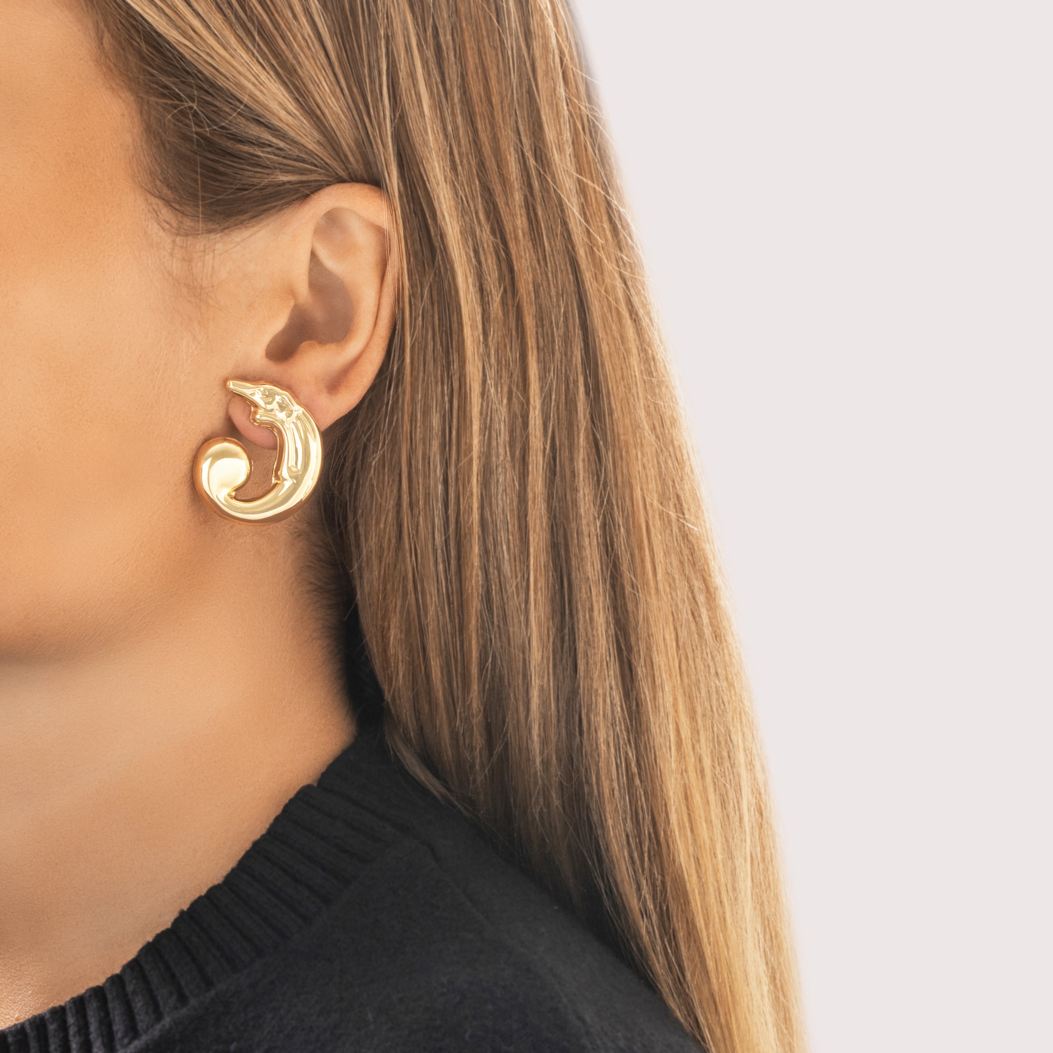 Vintage Bassani Italian Large 14k Yellow Gold Swooping Greyhound Dog Earrings - On model view
