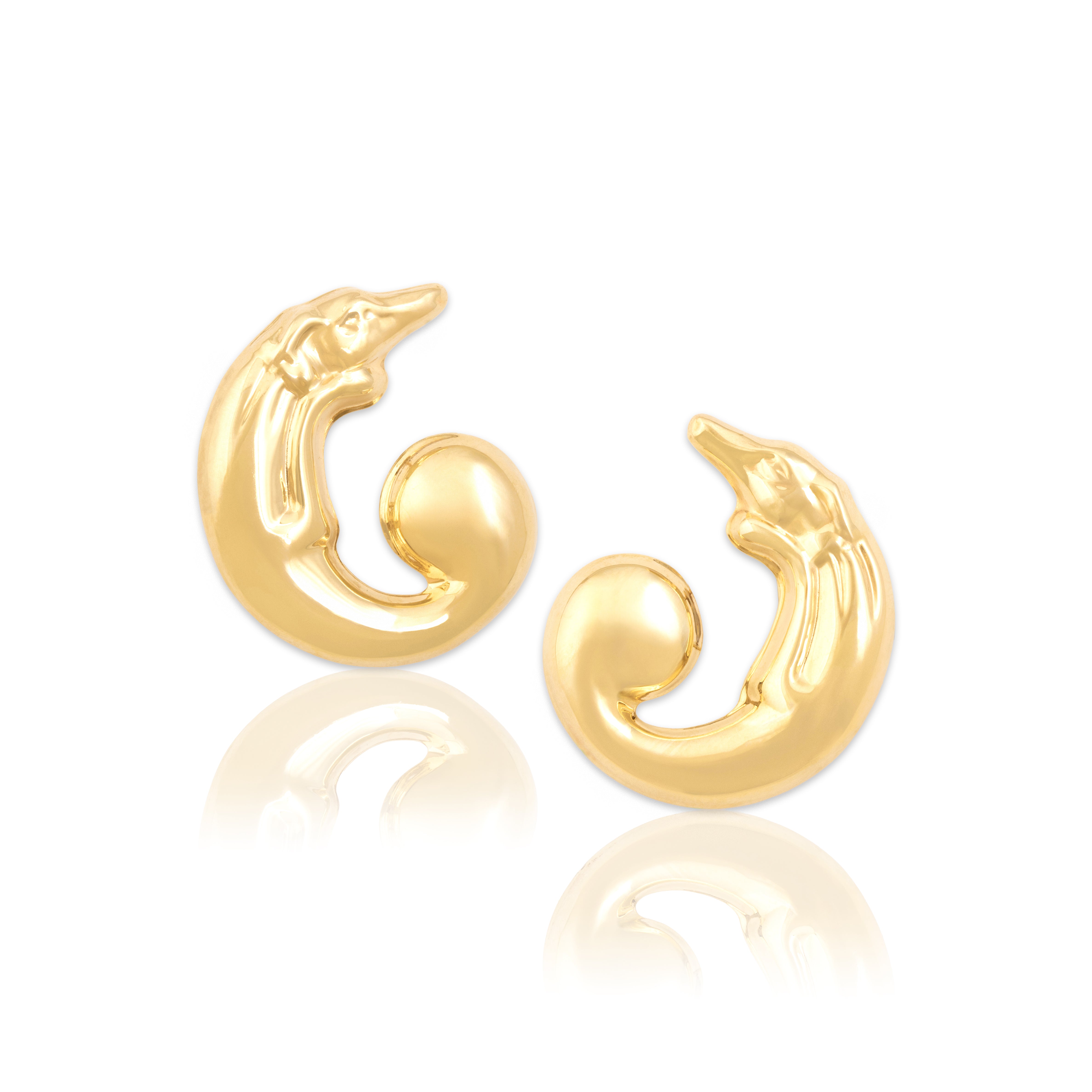 Vintage Bassani Italian Large 14k Yellow Gold Swooping Greyhound Dog Earrings - Close-up view