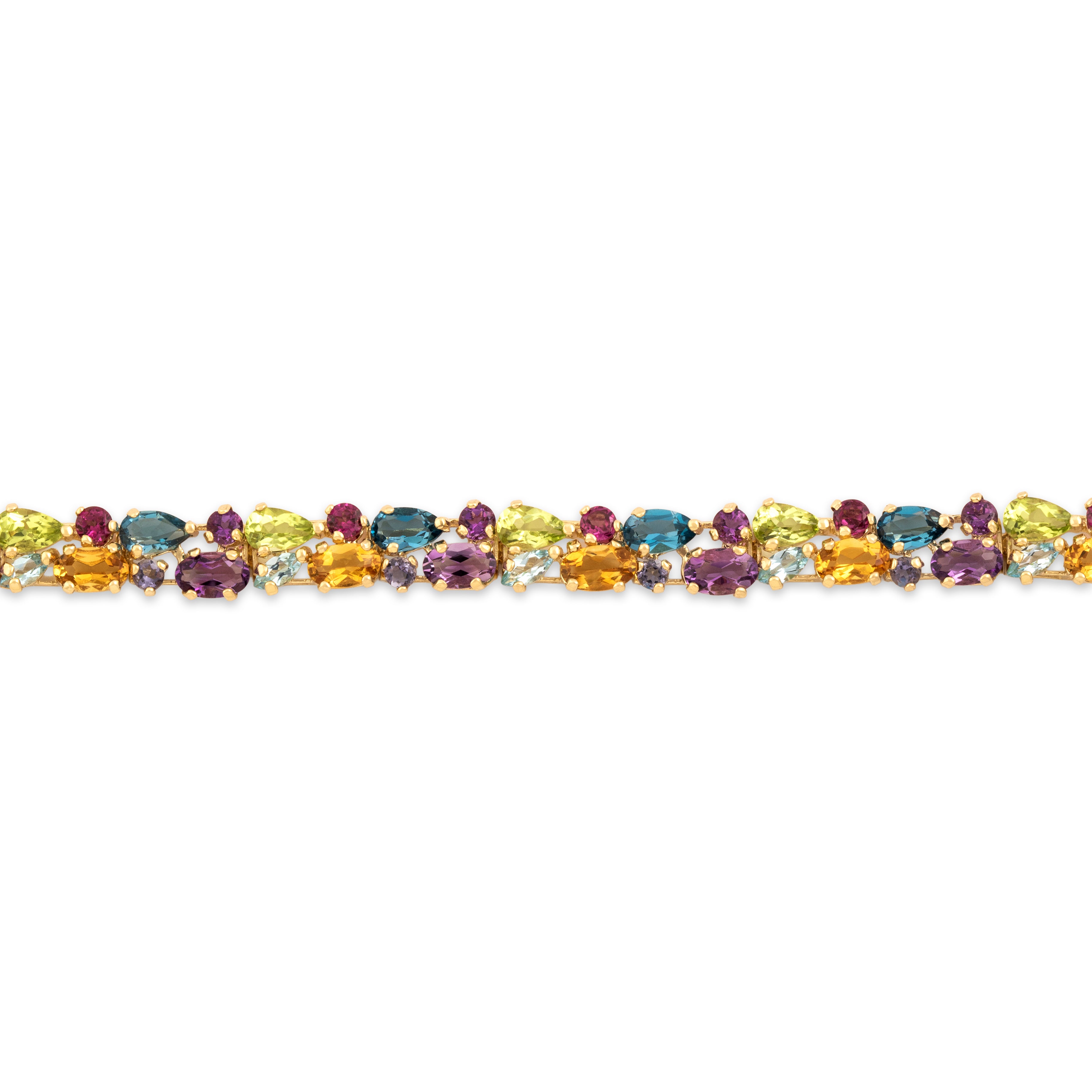 Vintage 14k Yellow Gold 2.97cttw Light Blue Topaz 2.38cttw Amethyst 2.23cttw Green Peridot 2.12cttw Citrine .6cttw Pink Garnet Blue Purple Iolite Vibrant Multi-Cut Link Bracelet - Close-up view