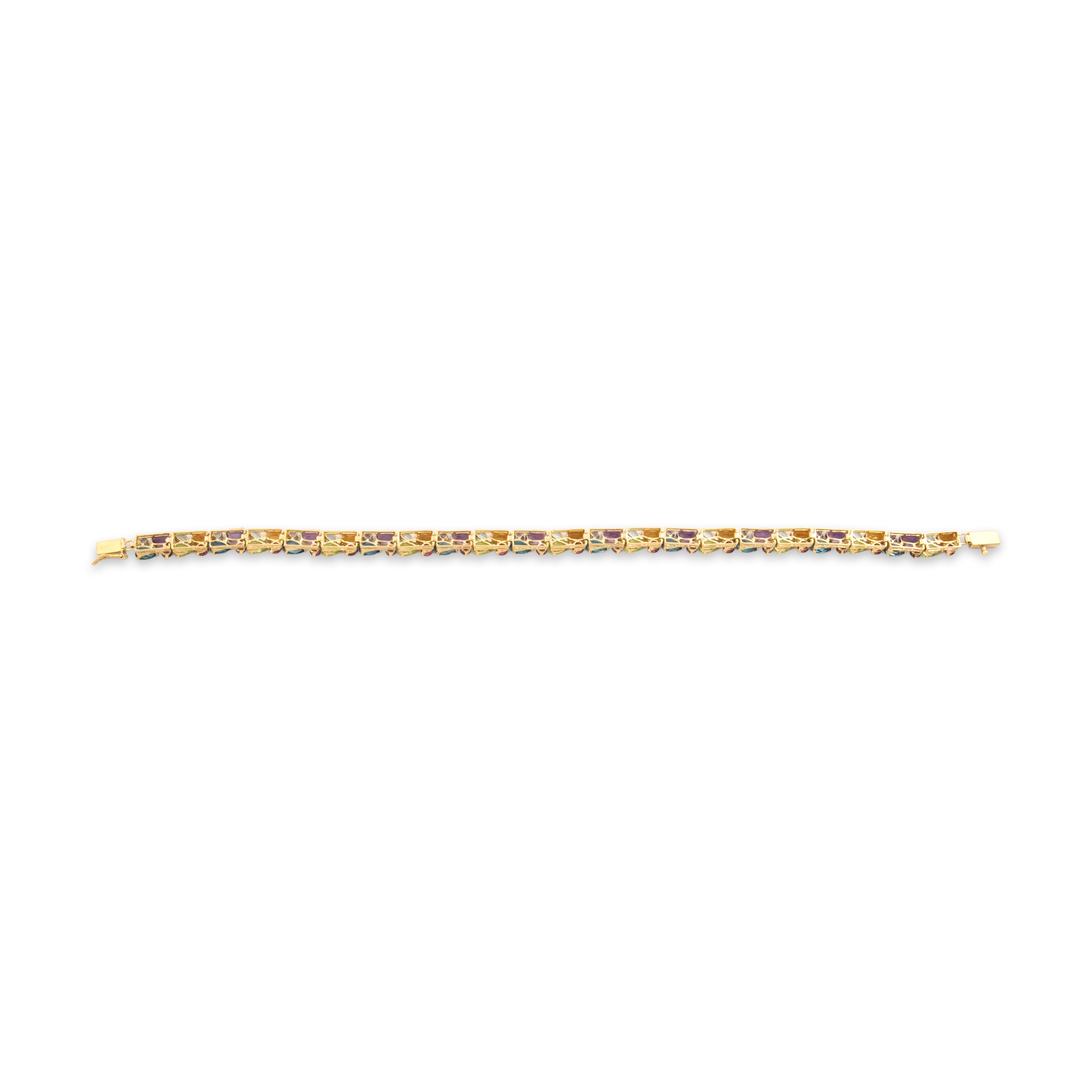 Vintage 14k Yellow Gold 2.97cttw Light Blue Topaz 2.38cttw Amethyst 2.23cttw Green Peridot 2.12cttw Citrine .6cttw Pink Garnet Blue Purple Iolite Vibrant Multi-Cut Link Bracelet - Back view