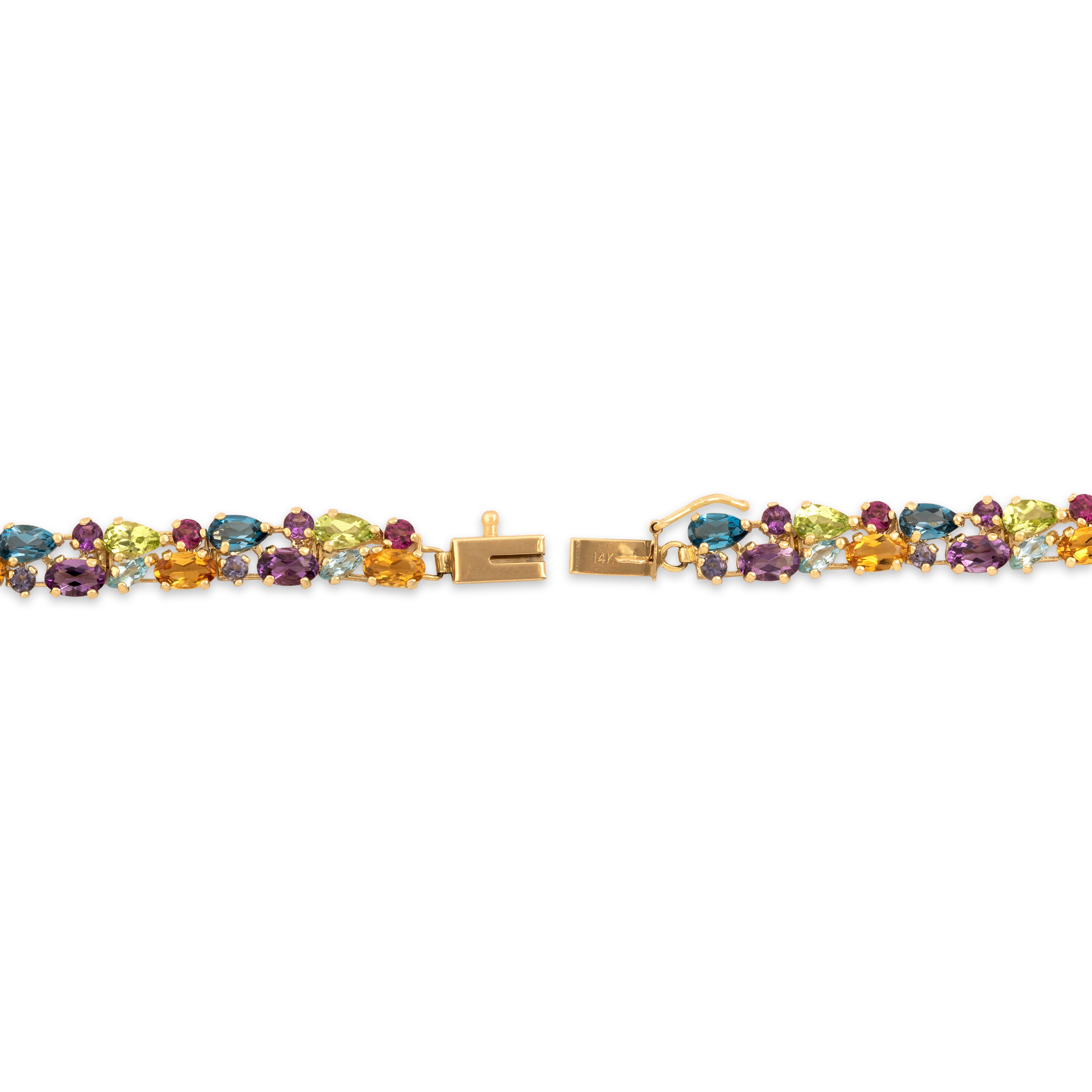 Vintage 14k Yellow Gold 2.97cttw Light Blue Topaz 2.38cttw Amethyst 2.23cttw Green Peridot 2.12cttw Citrine .6cttw Pink Garnet Blue Purple Iolite Vibrant Multi-Cut Link Bracelet - clasp view