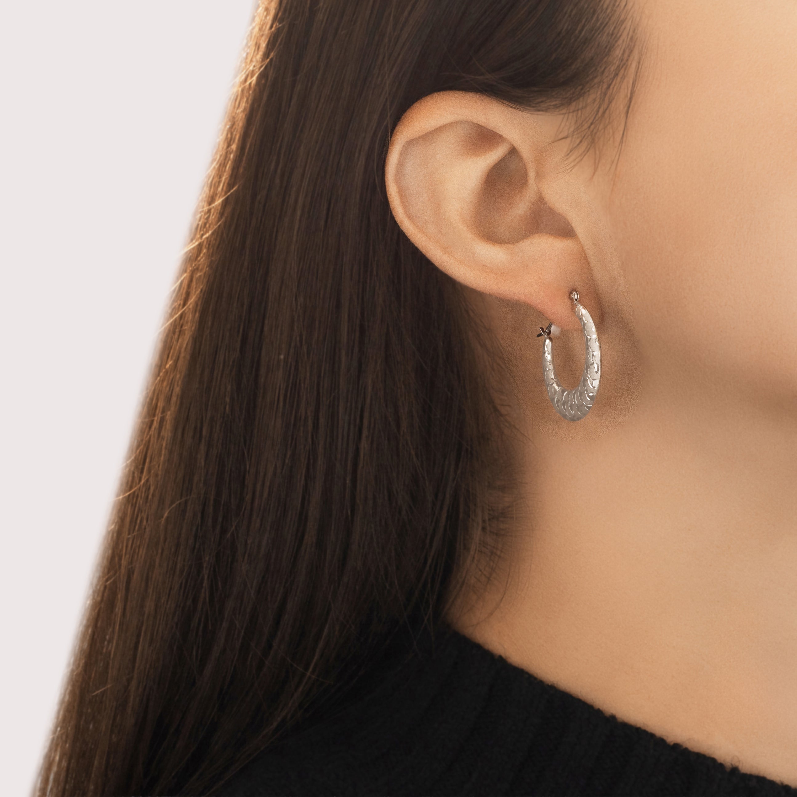 Vintage 14k White Gold Glittering Dual-Texture Scaled Hoop Earrings - On model view