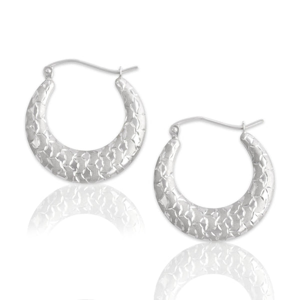 Vintage 14k White Gold Glittering Dual-Texture Scaled Hoop Earrings