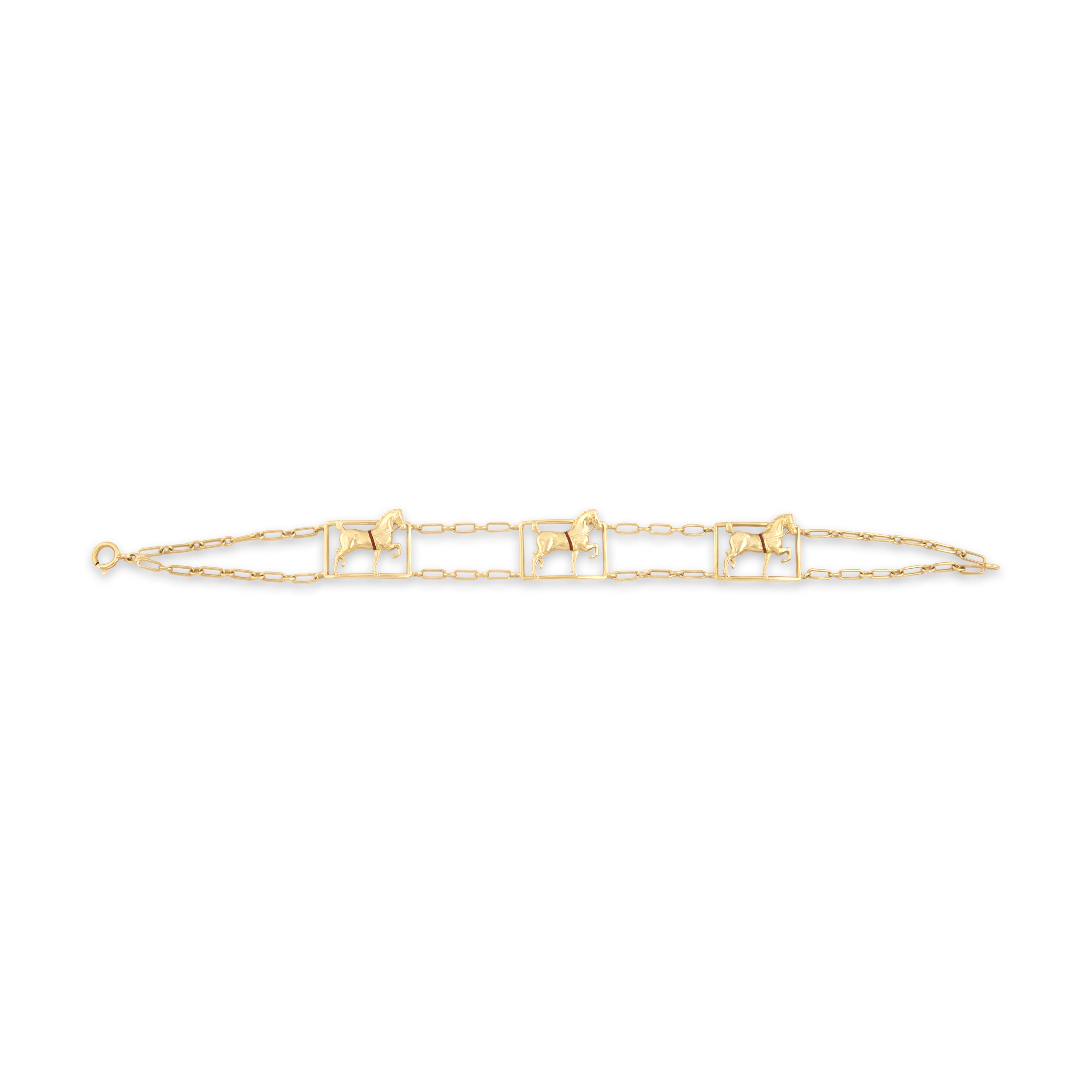 Antique Sloan & Co. 14k Yellow Gold Red Enamel Detail Trotting Horse Bracelet - Overall view