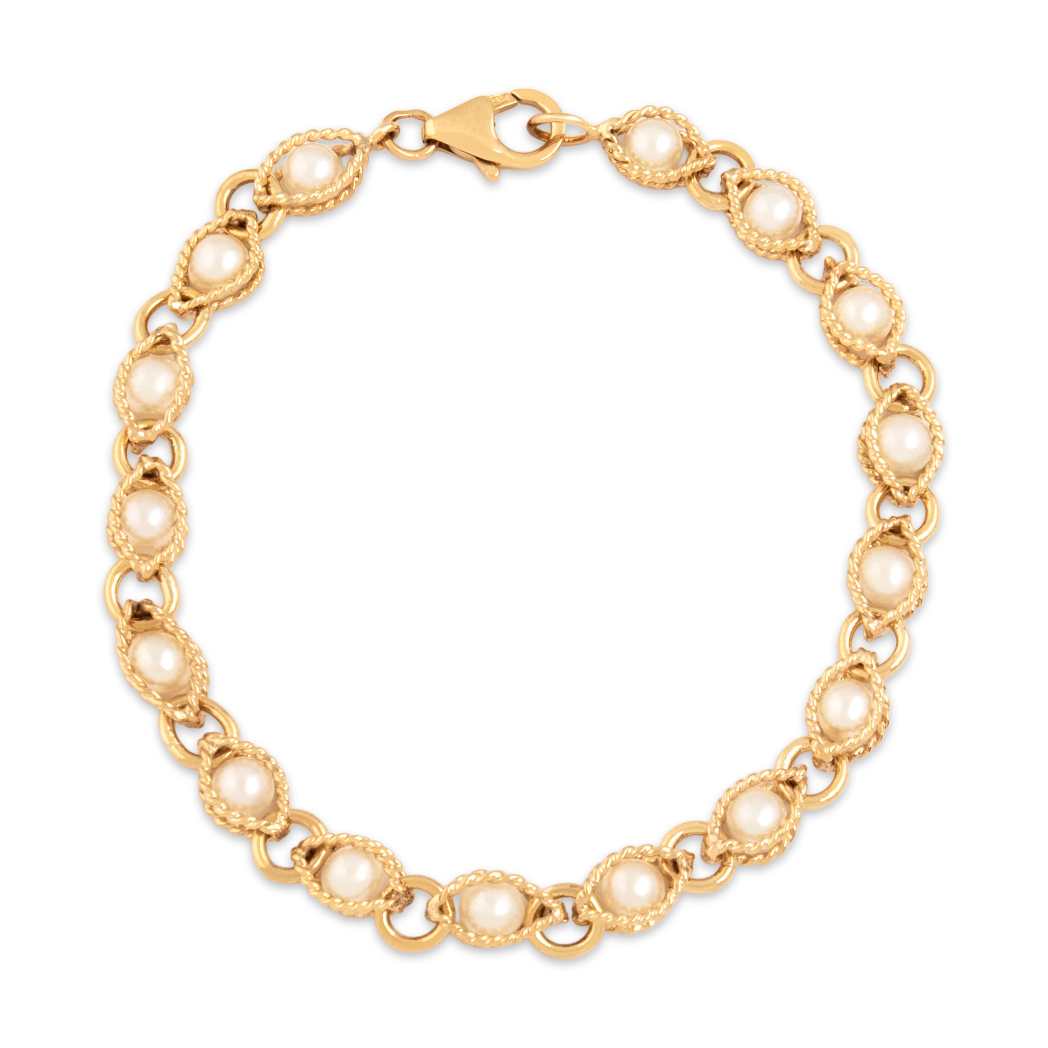 Vintage 14k Yellow Gold Pearl Luminous Rope-Framed Link Bracelet - Overall view