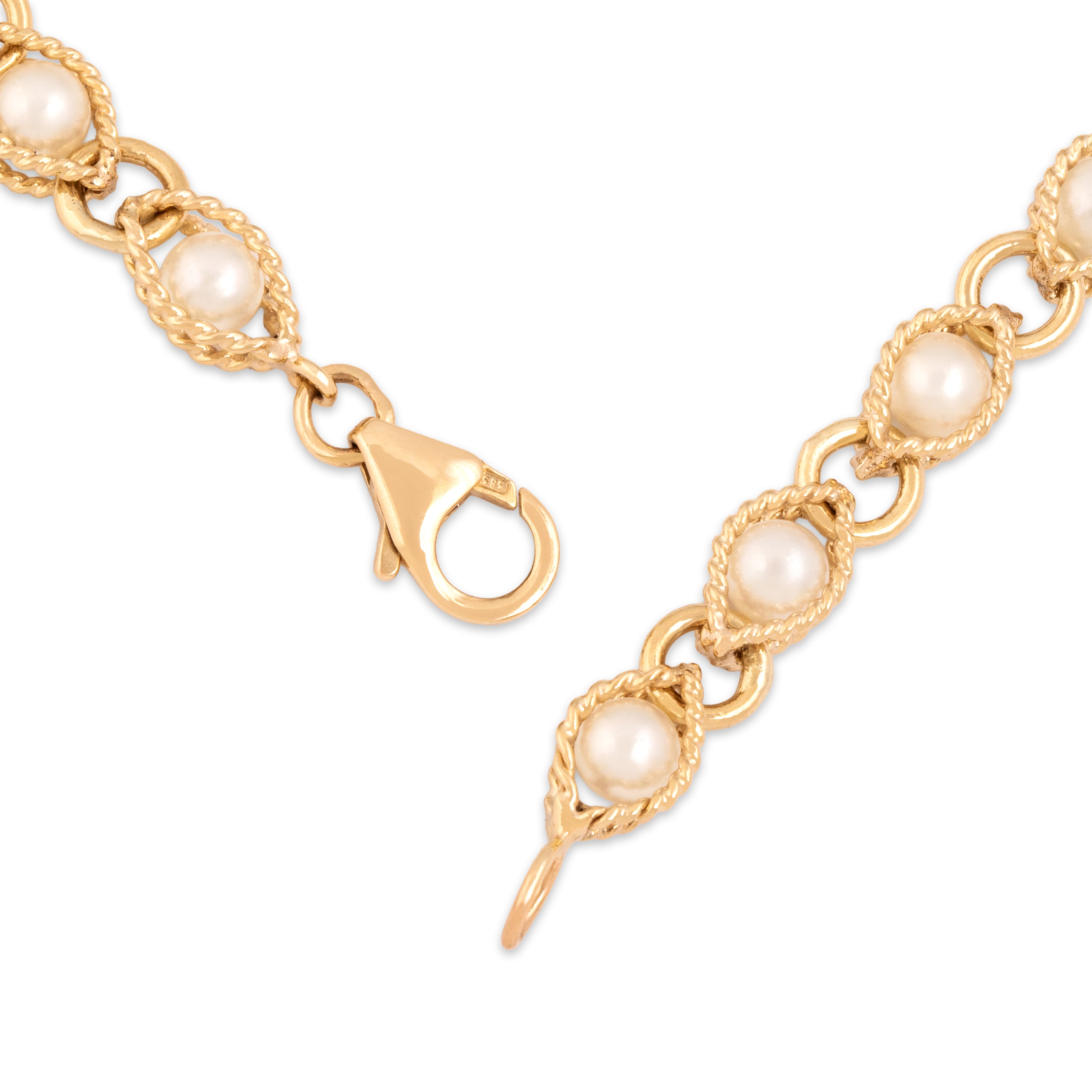 Vintage 14k Yellow Gold Pearl Luminous Rope-Framed Link Bracelet - clasp view