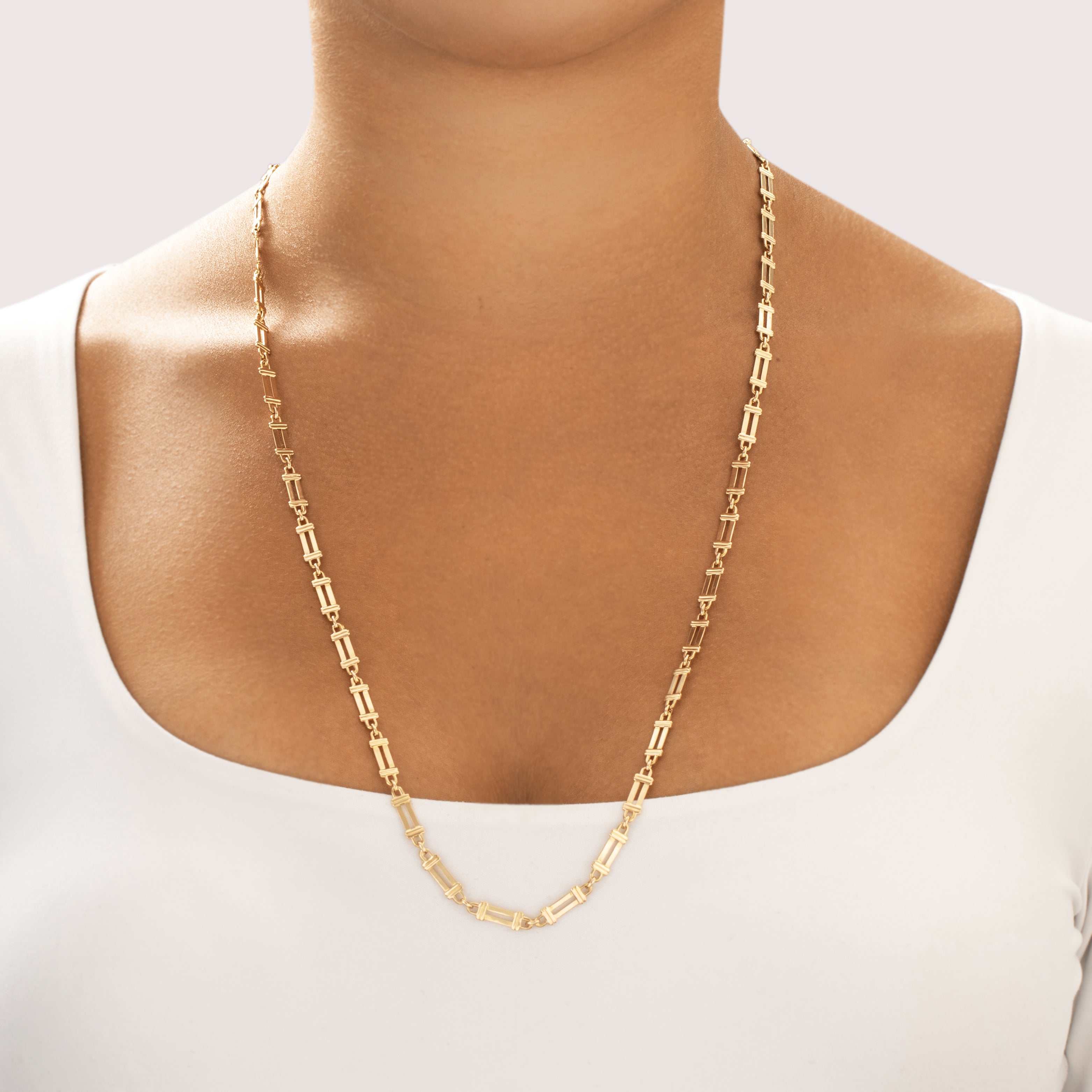 Vintage Italian 14k Yellow Gold Long Bar Link Necklace - On model view