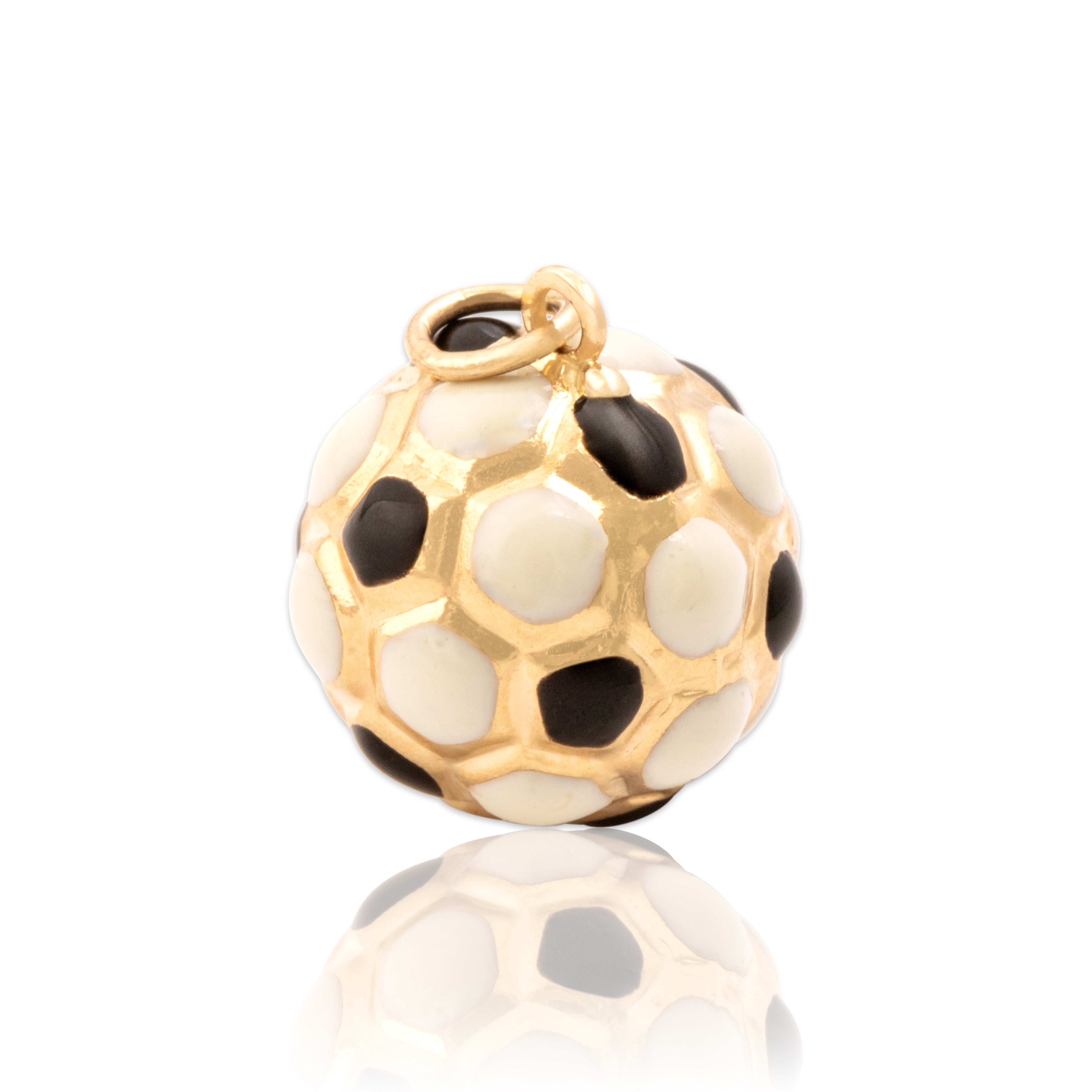 Vintage Lightweight 14k Yellow Gold Enamel Soccer Ball Charm / Pendant - Close-up view