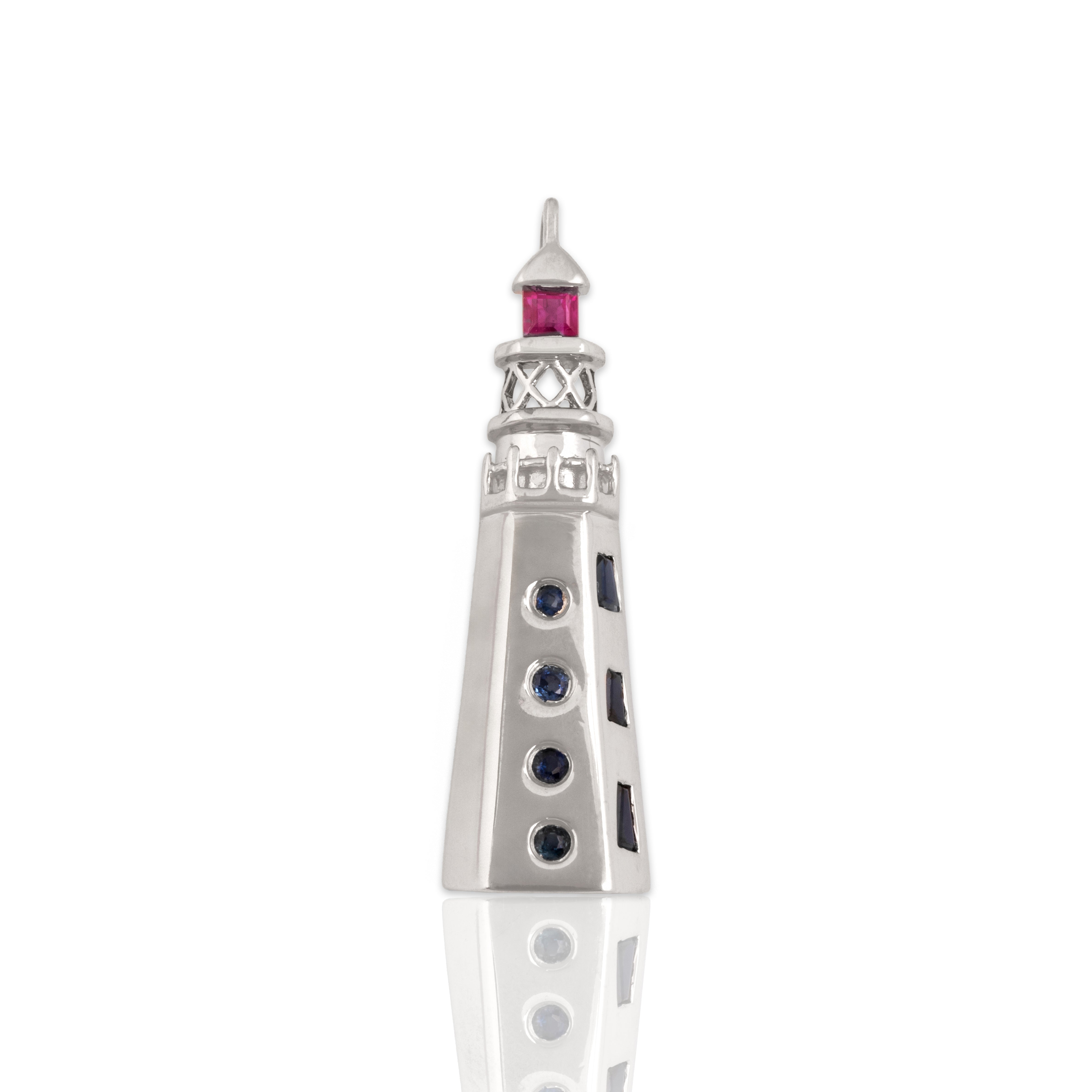 Vintage 14k White Gold Blue Sapphire Ruby Fantastic Guiding Lighthouse Pendant
