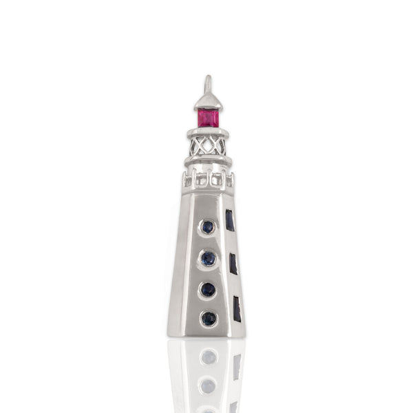 Vintage 14k White Gold Blue Sapphire Ruby Fantastic Guiding Lighthouse Pendant