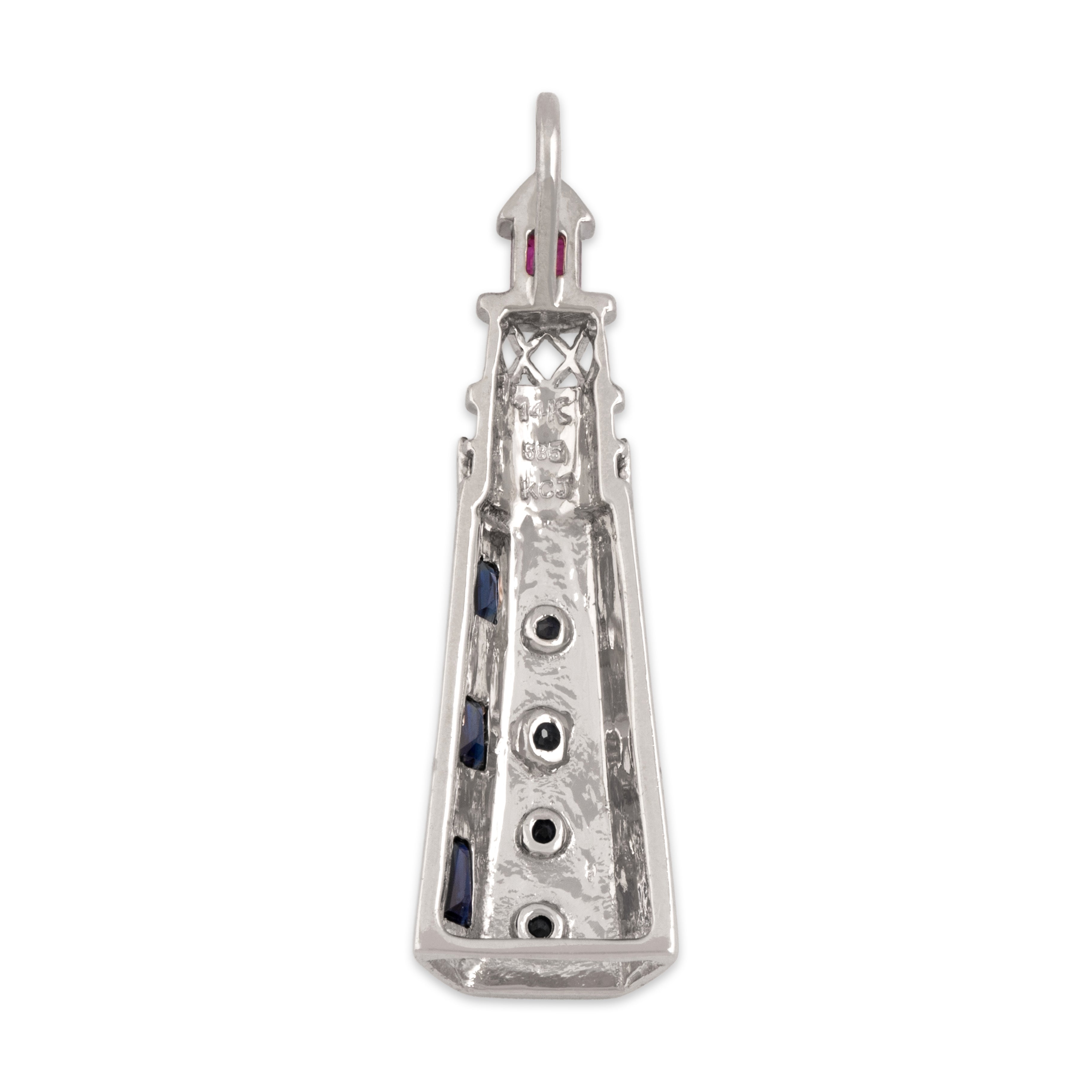 Vintage 14k White Gold Blue Sapphire Ruby Fantastic Guiding Lighthouse Pendant - Back view