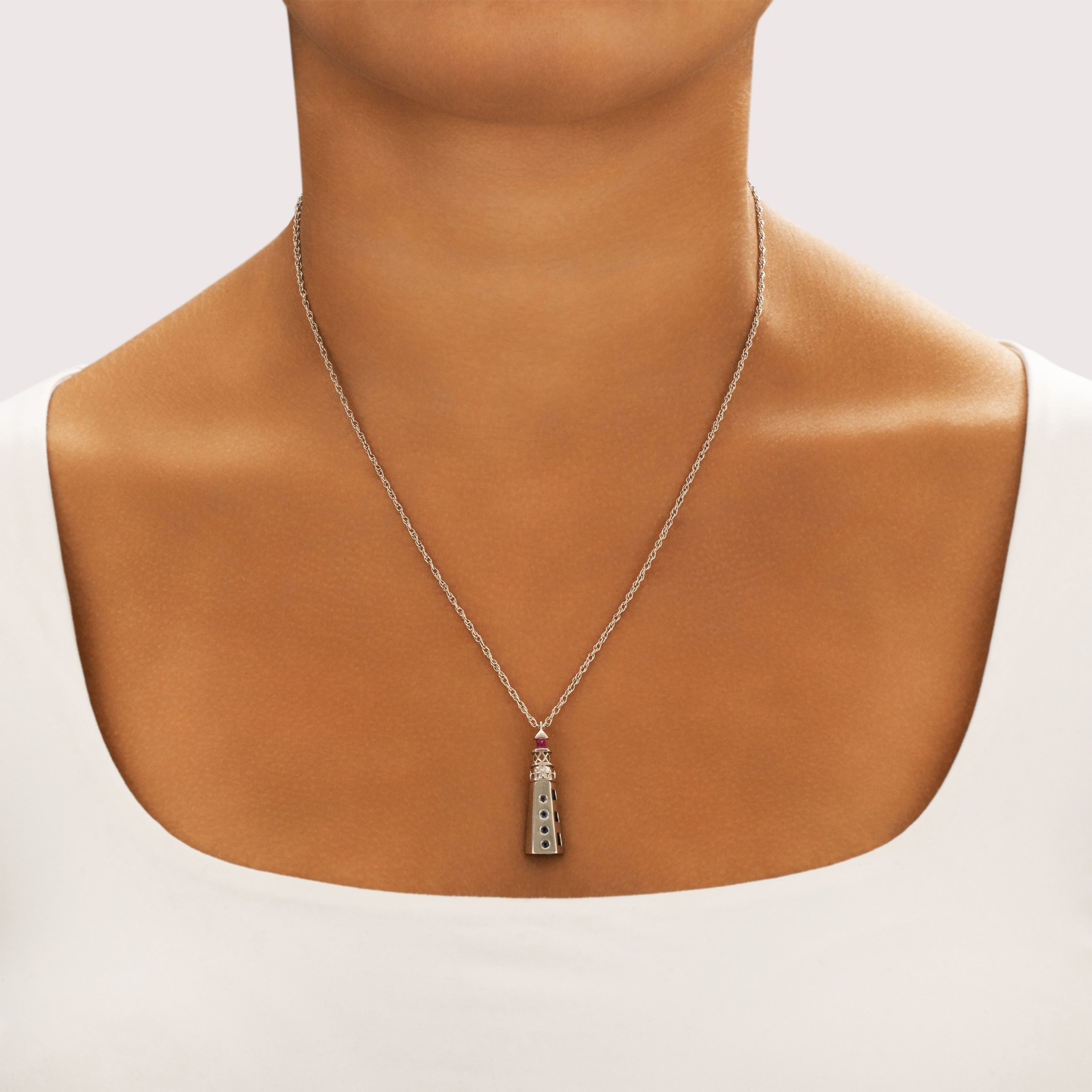Vintage 14k White Gold Blue Sapphire Ruby Fantastic Guiding Lighthouse Pendant - On model view