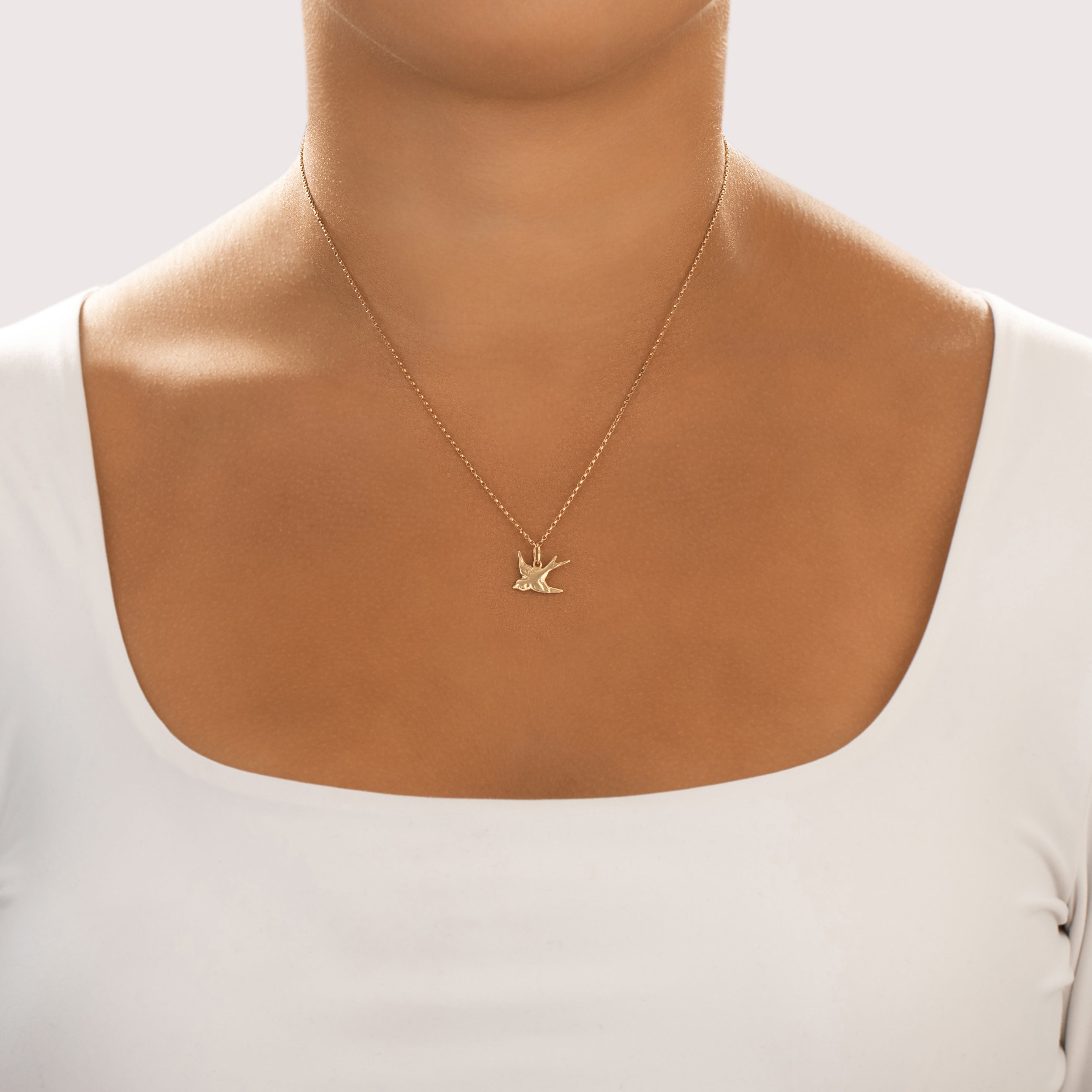 Vintage Lightweight 14k Yellow Gold Sweet Flying Sparrow Charm / Pendant - On model view