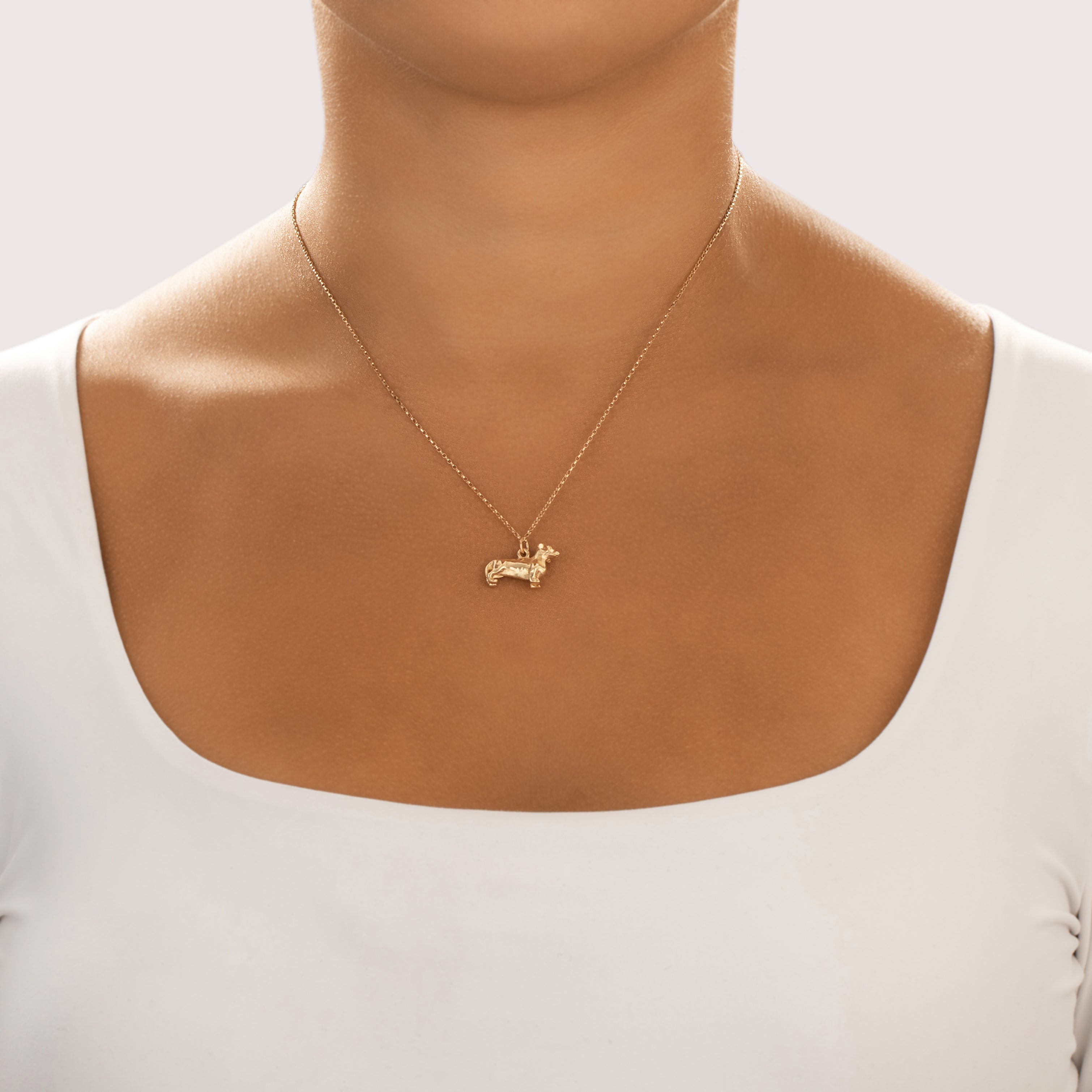 Estate Heavy 14k Yellow Gold Playful Dachshund Charm / Pendant - On model view