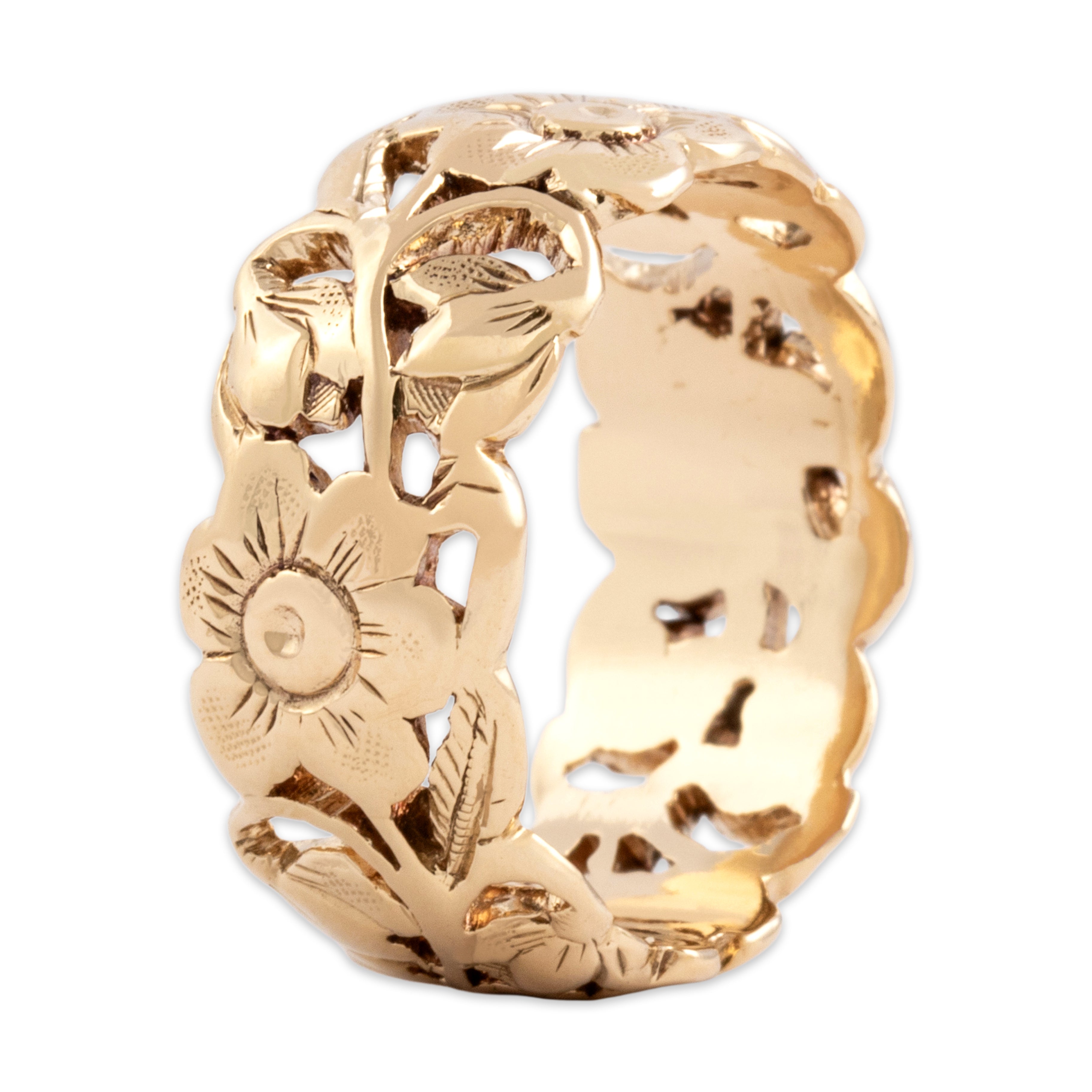 Vintage 14k Yellow Gold Carved Blooming Floral Eternity Band Ring - Overall view