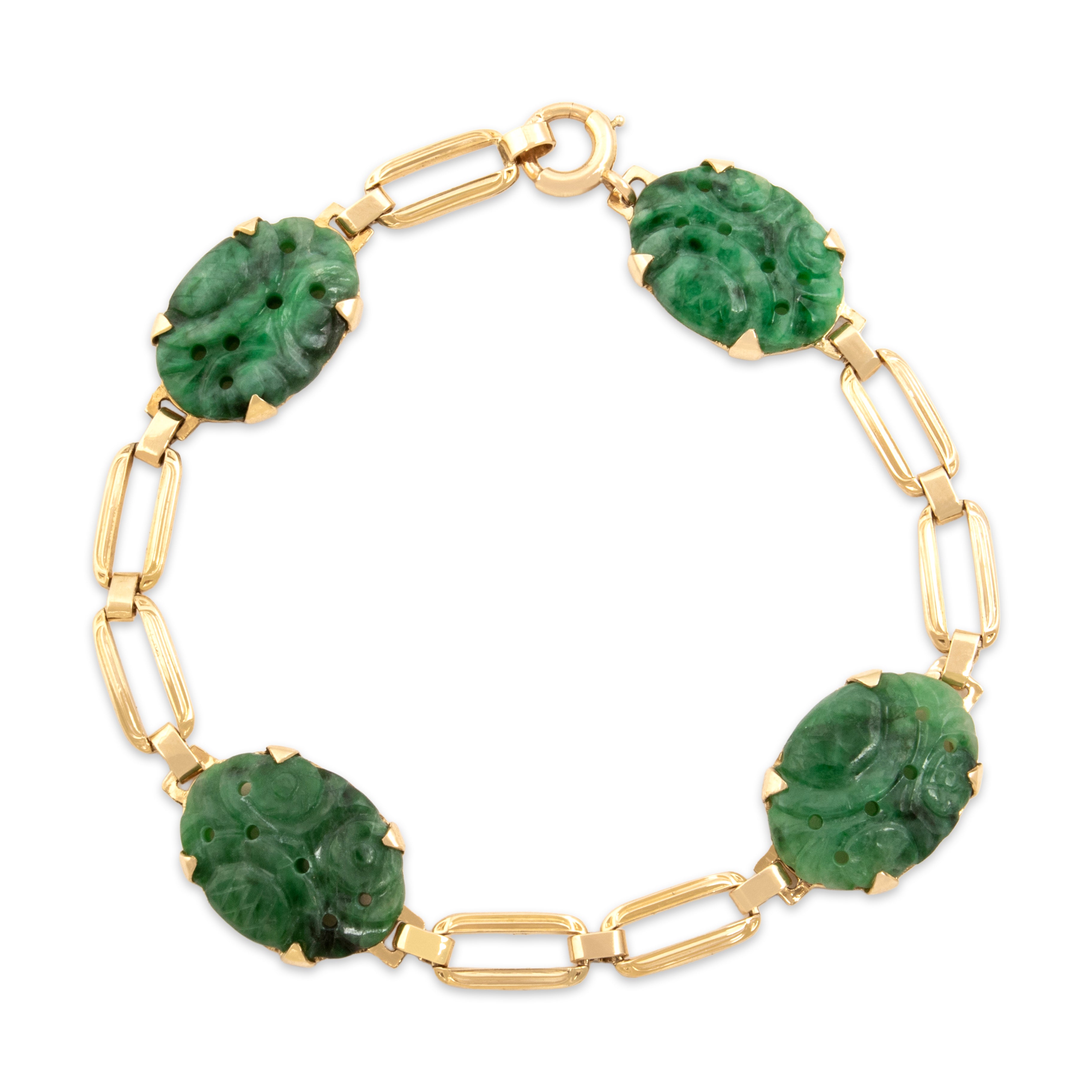 Vintage 14k Yellow Gold Jade Carved Floral Garden Link Bracelet - Close-up view