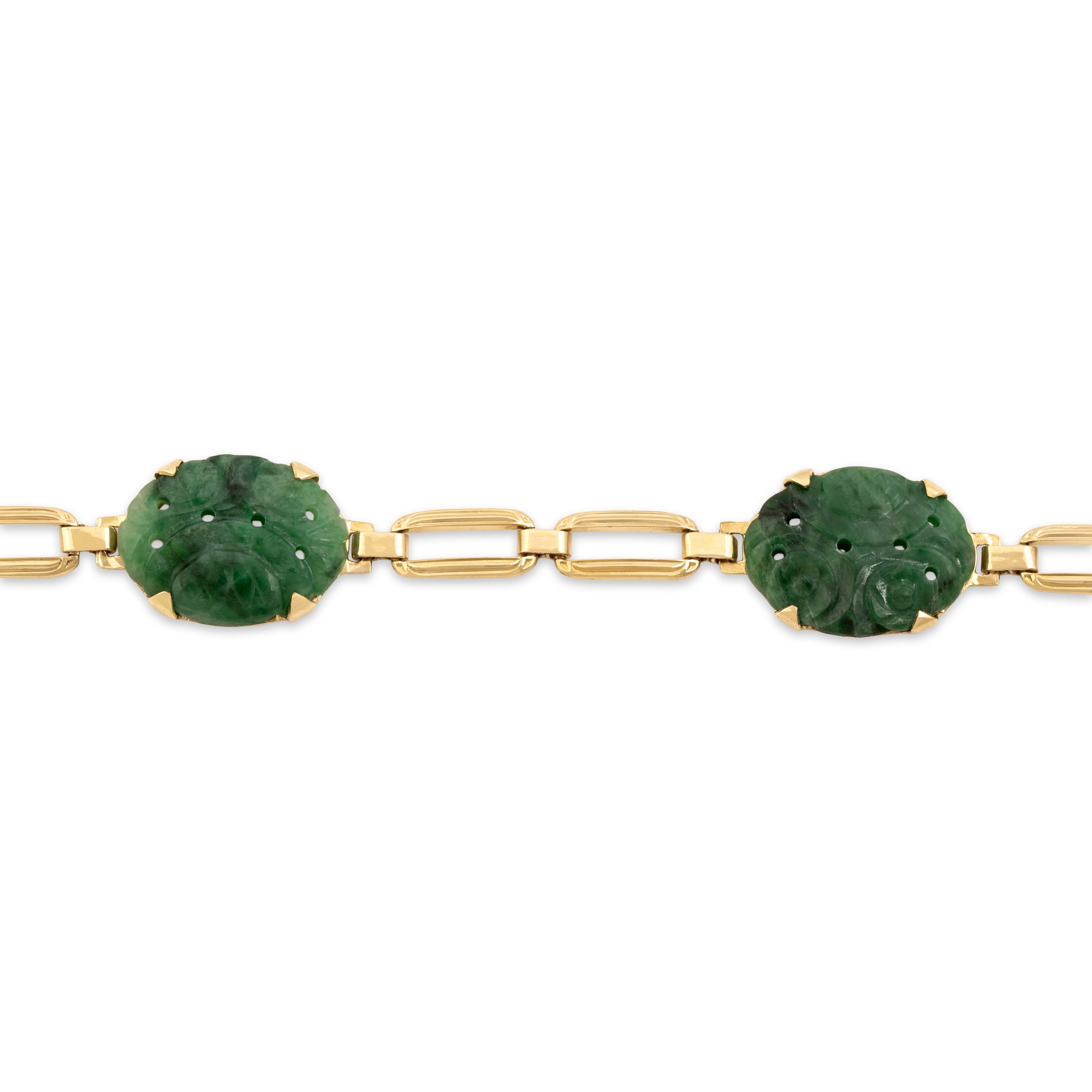 Vintage 14k Yellow Gold Jade Carved Floral Garden Link Bracelet - detail view #1