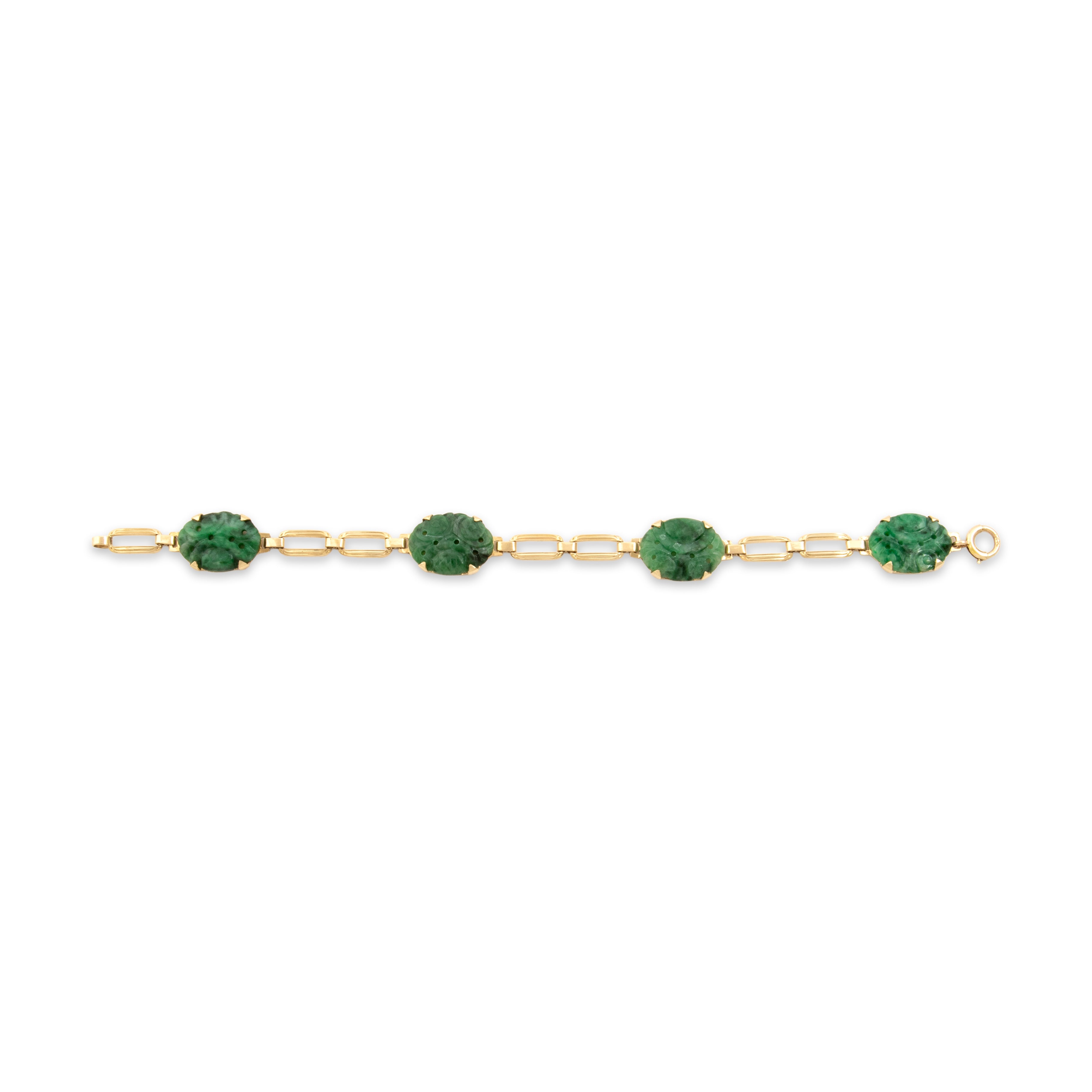 Vintage 14k Yellow Gold Jade Carved Floral Garden Link Bracelet - Overall view