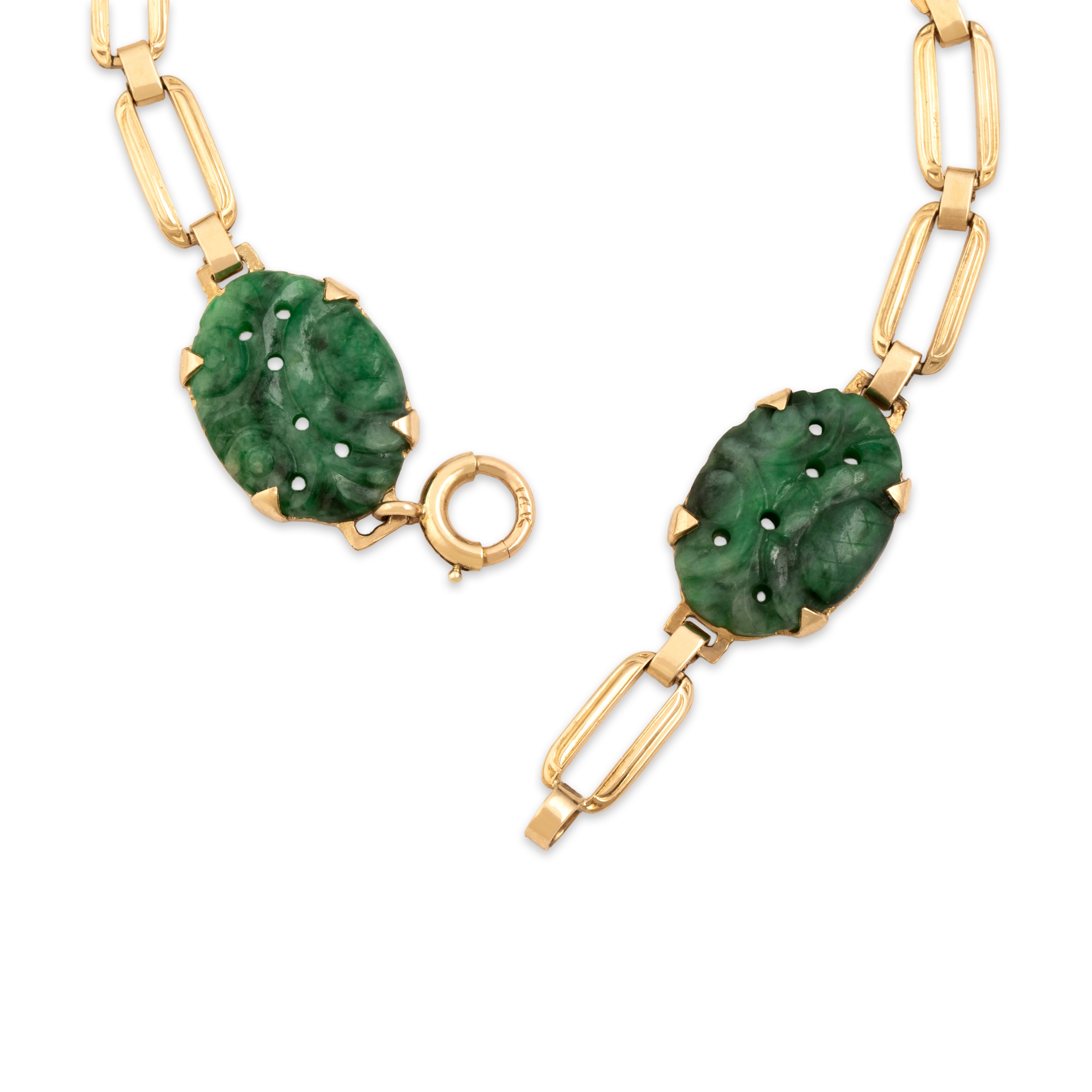 Vintage 14k Yellow Gold Jade Carved Floral Garden Link Bracelet - clasp view