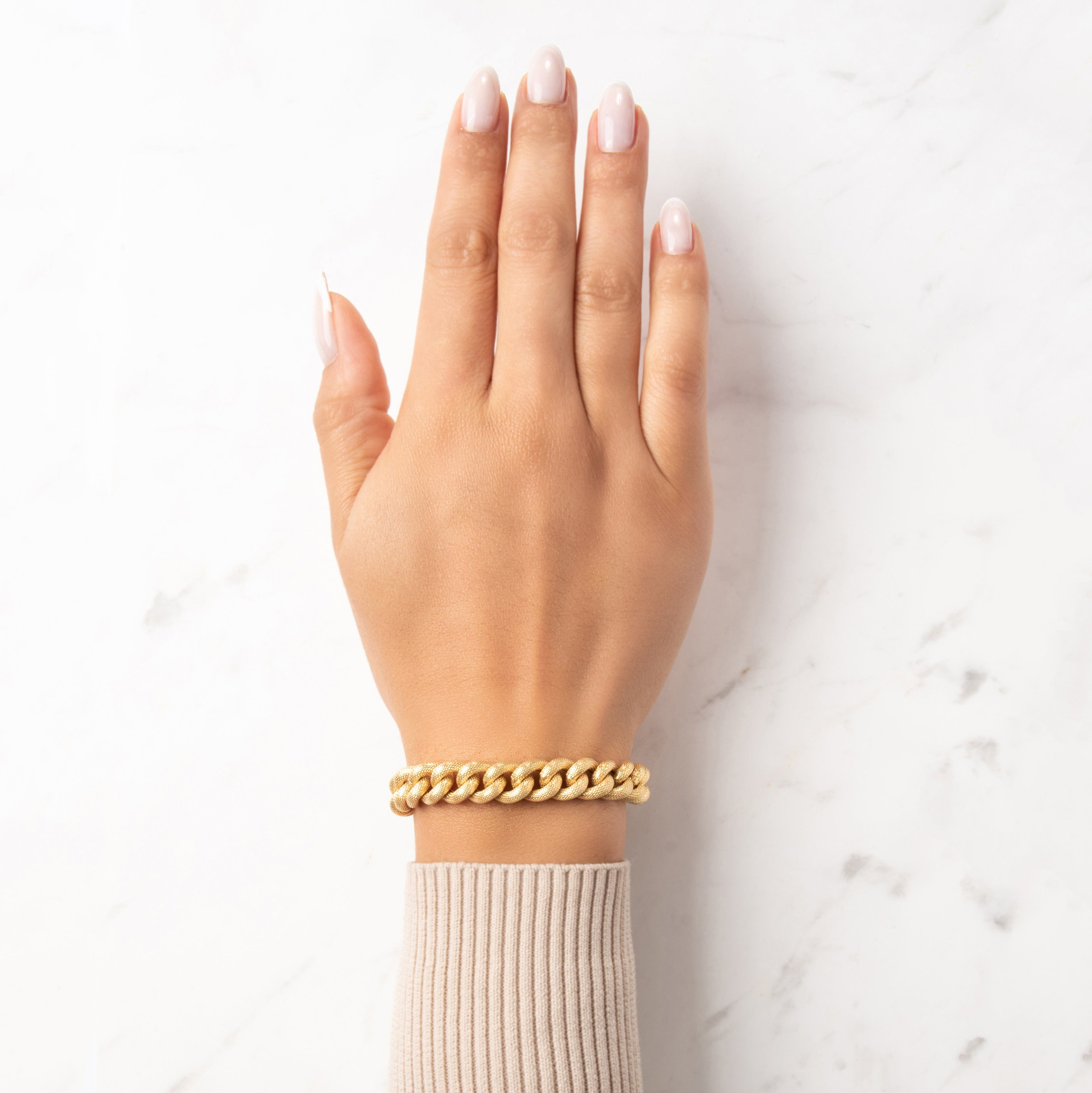 Vintage Italian 14k Yellow Gold Chunky Textured Curb Link Bracelet - On model view