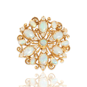 Vintage 14k Yellow Gold 3.42cttw Opal .56cttw Diamond Radial Flourish Pin / Pendant