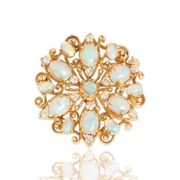 Vintage 14k Yellow Gold 3.42cttw Opal .56cttw Diamond Superb Radiating Flourish Pin / Pendant - Close-up view