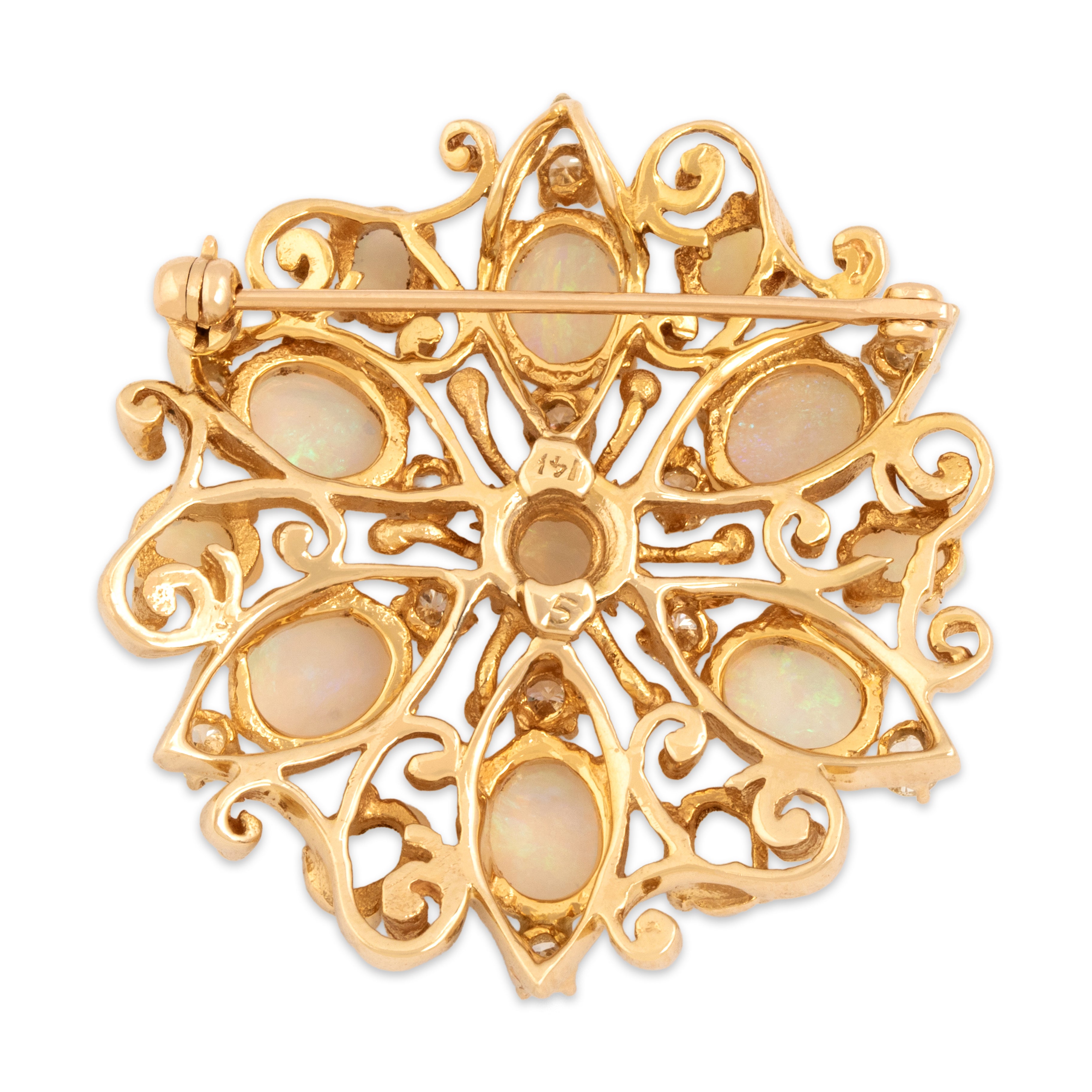 Vintage 14k Yellow Gold 3.42cttw Opal .56cttw Diamond Superb Radiating Flourish Pin / Pendant - Back view