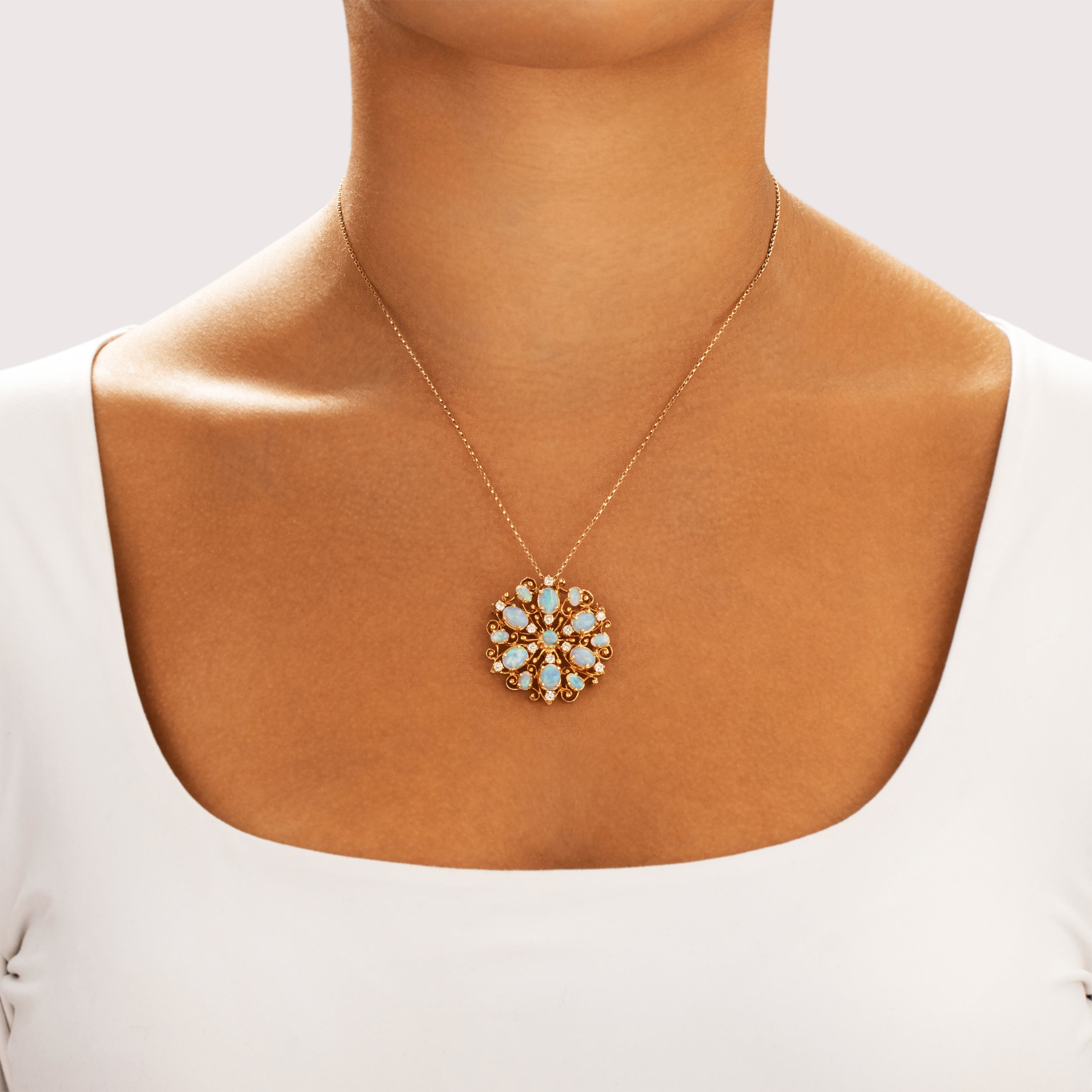 Vintage 14k Yellow Gold 3.42cttw Opal .56cttw Diamond Superb Radiating Flourish Pin / Pendant - On model view