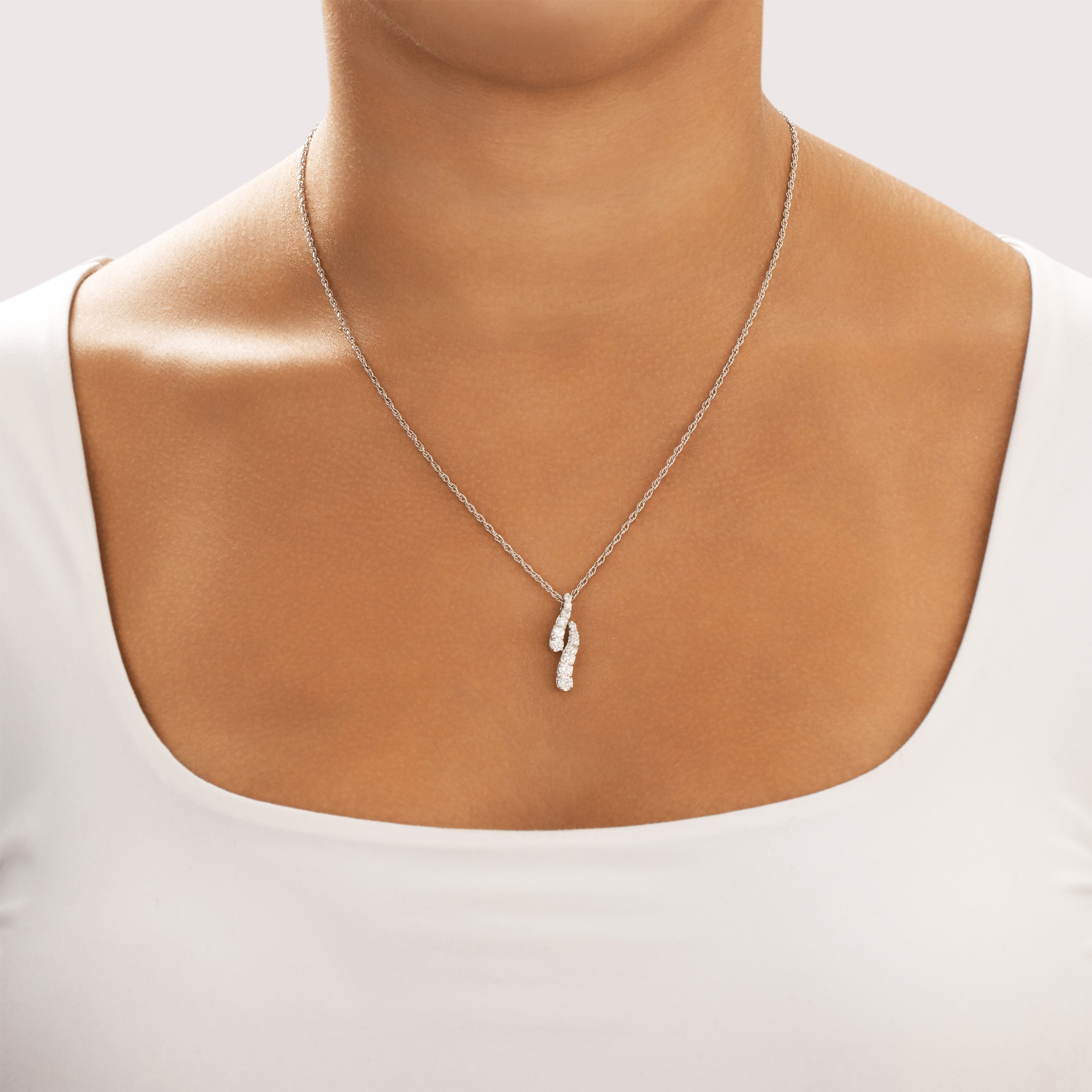 Vintage 14k White Gold .91cttw Diamond Brilliant Tiered Journey Pendant - On model view