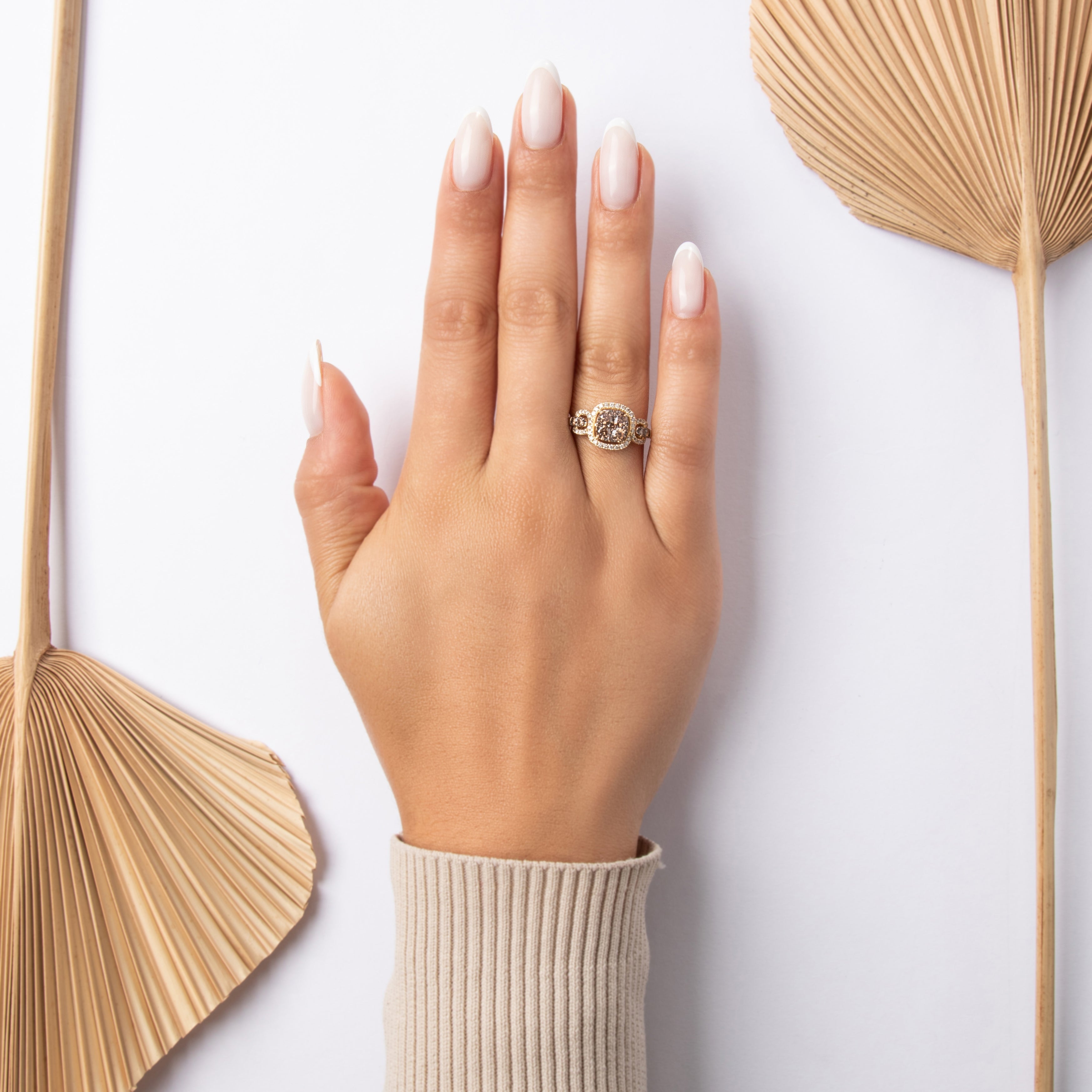 Estate 14k Yellow Gold .72cttw Chocolate Diamond White Diamond Sparkling Cushion Halo Ring - On model view