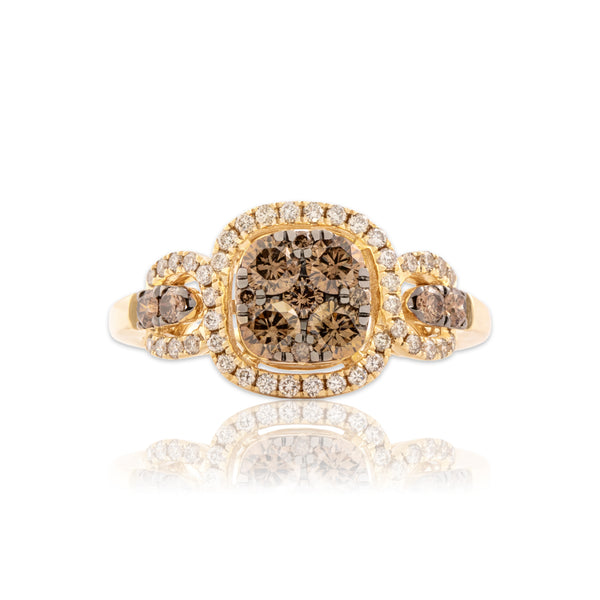 Estate 14k Yellow Gold .72cttw Chocolate & White Diamond Cushion Halo Ring 8.25