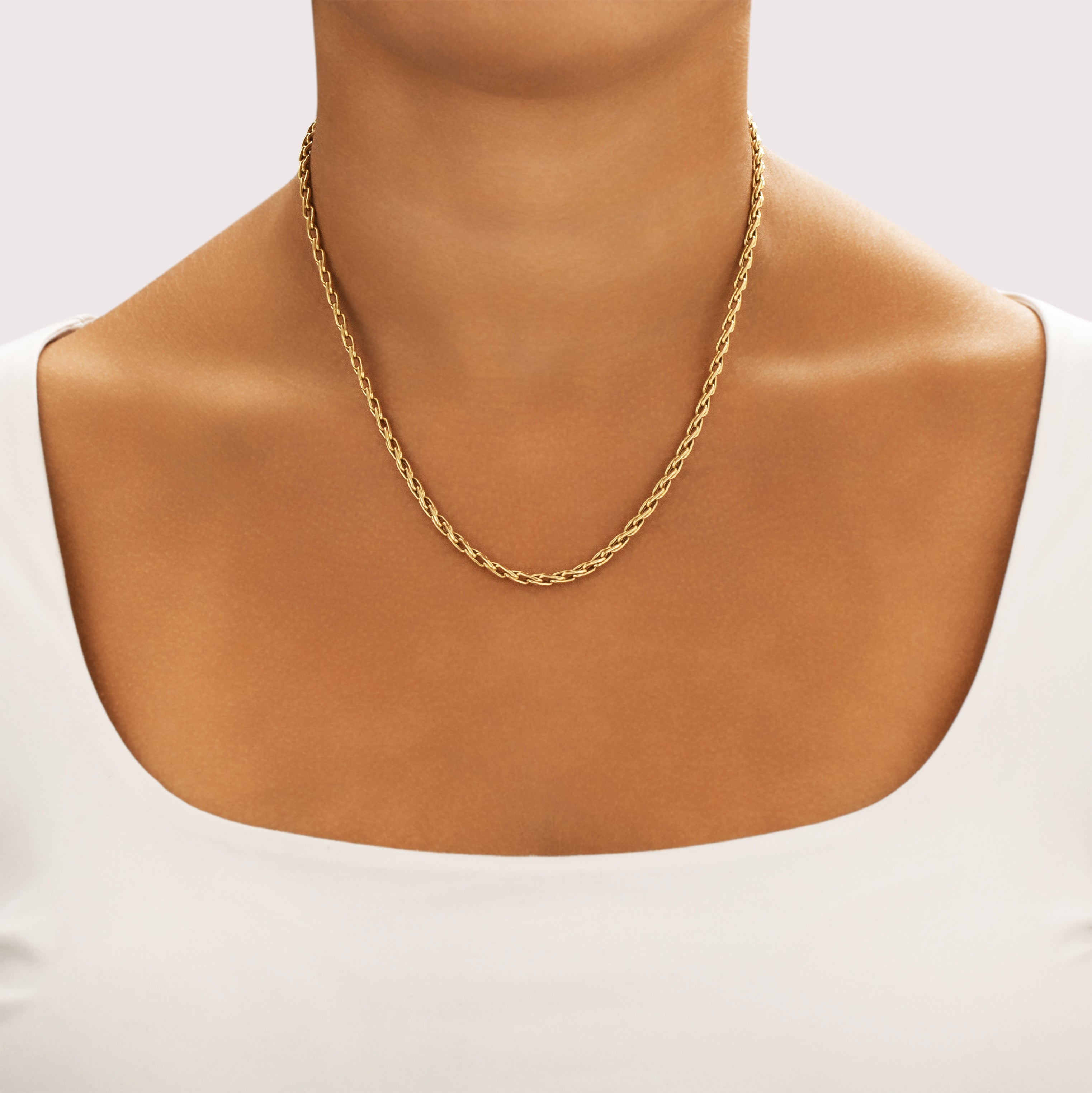 Vintage Italian 18k Yellow Gold 3mm Gleaming Chunky Wheat Chain - On model view