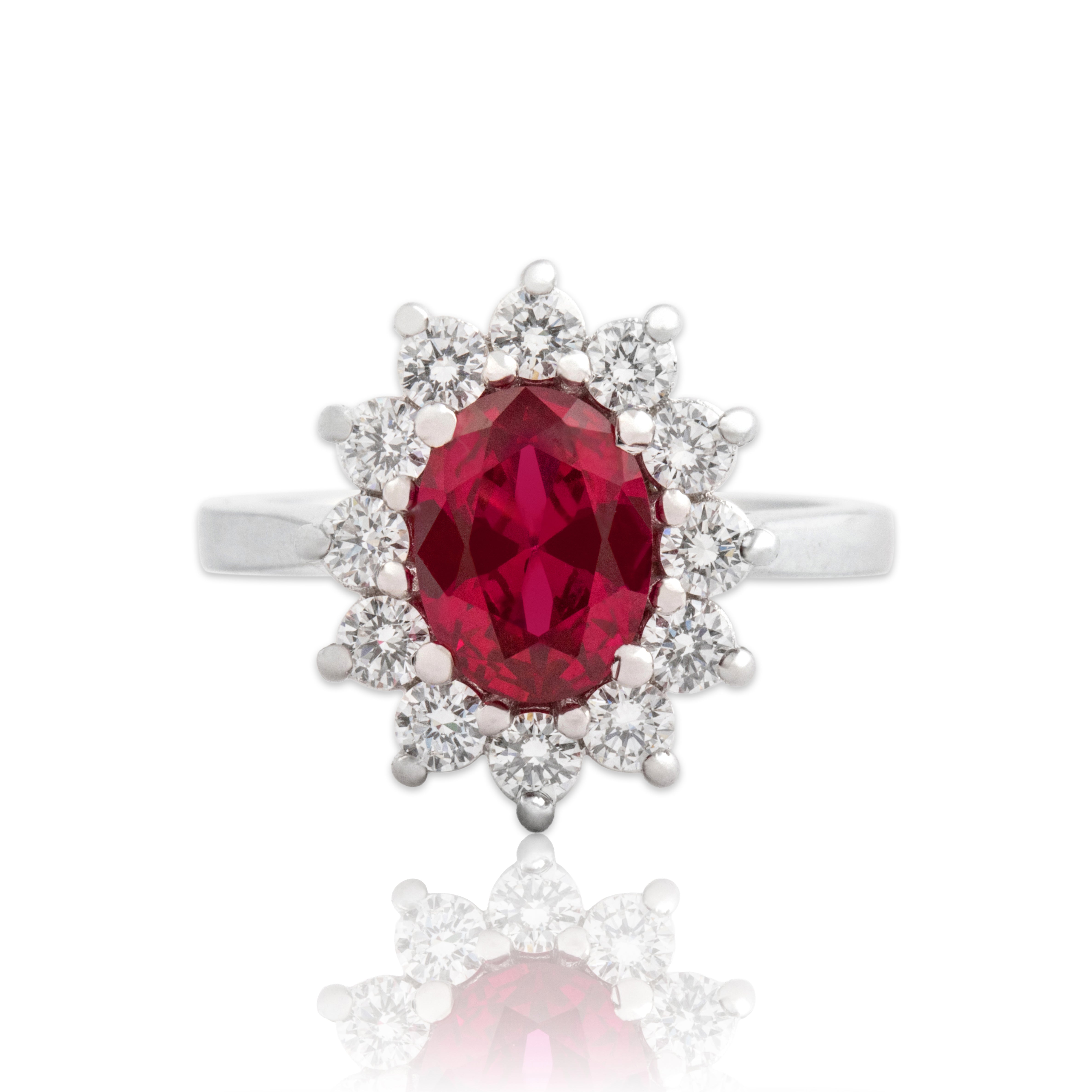 Vintage 18k White Gold 1.53ct Synthetic Ruby Natural Diamond Halo Ring 4.00