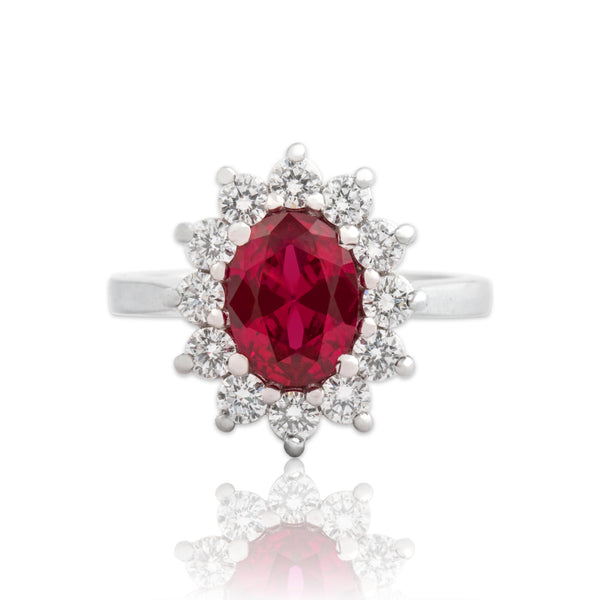 Vintage 18k White Gold 1.53ct Synthetic Ruby Natural Diamond Halo Ring 4.00