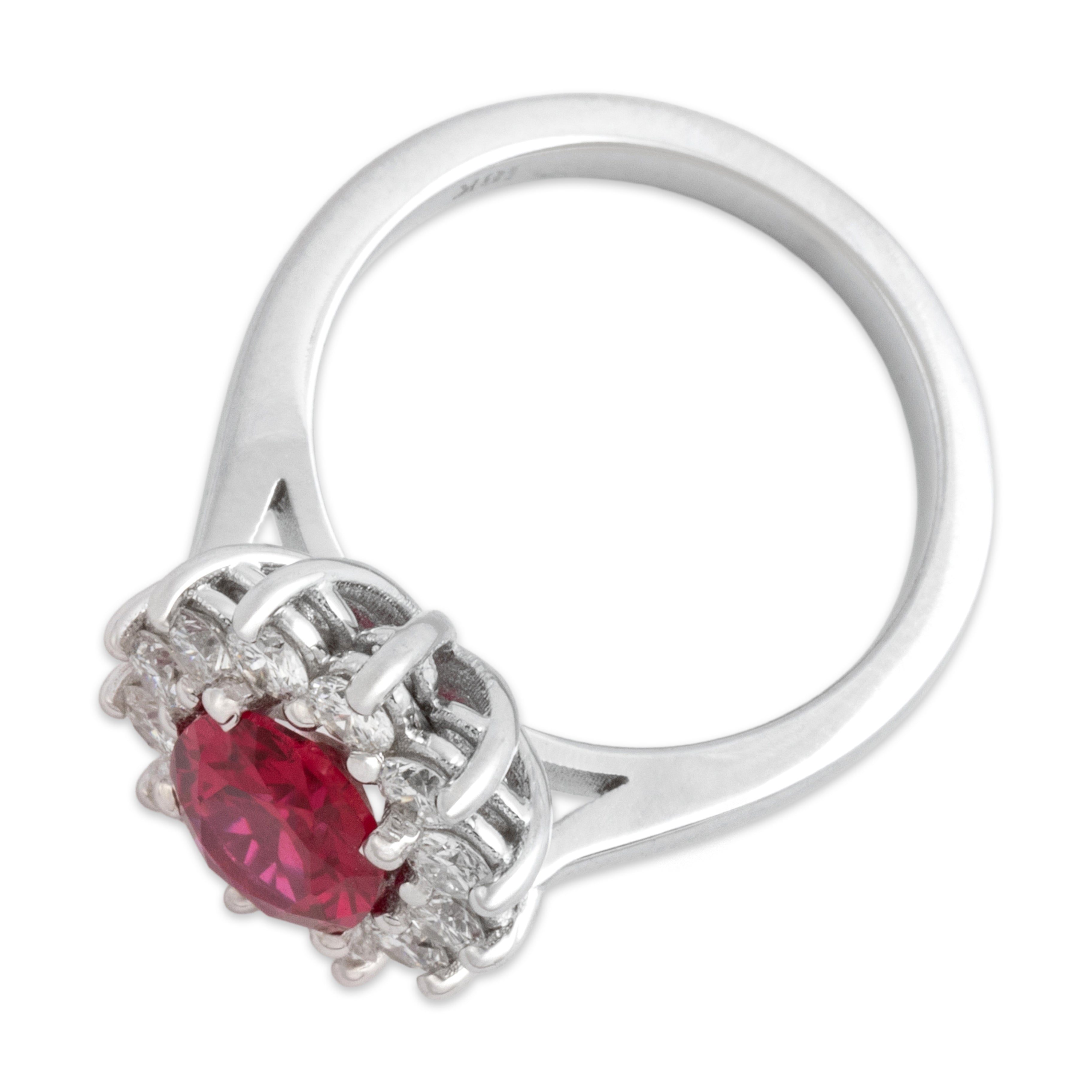 Vintage 18k White Gold 1.53ct Synthetic Ruby Natural Diamond Bright Vibrant Halo Ring - Overall view
