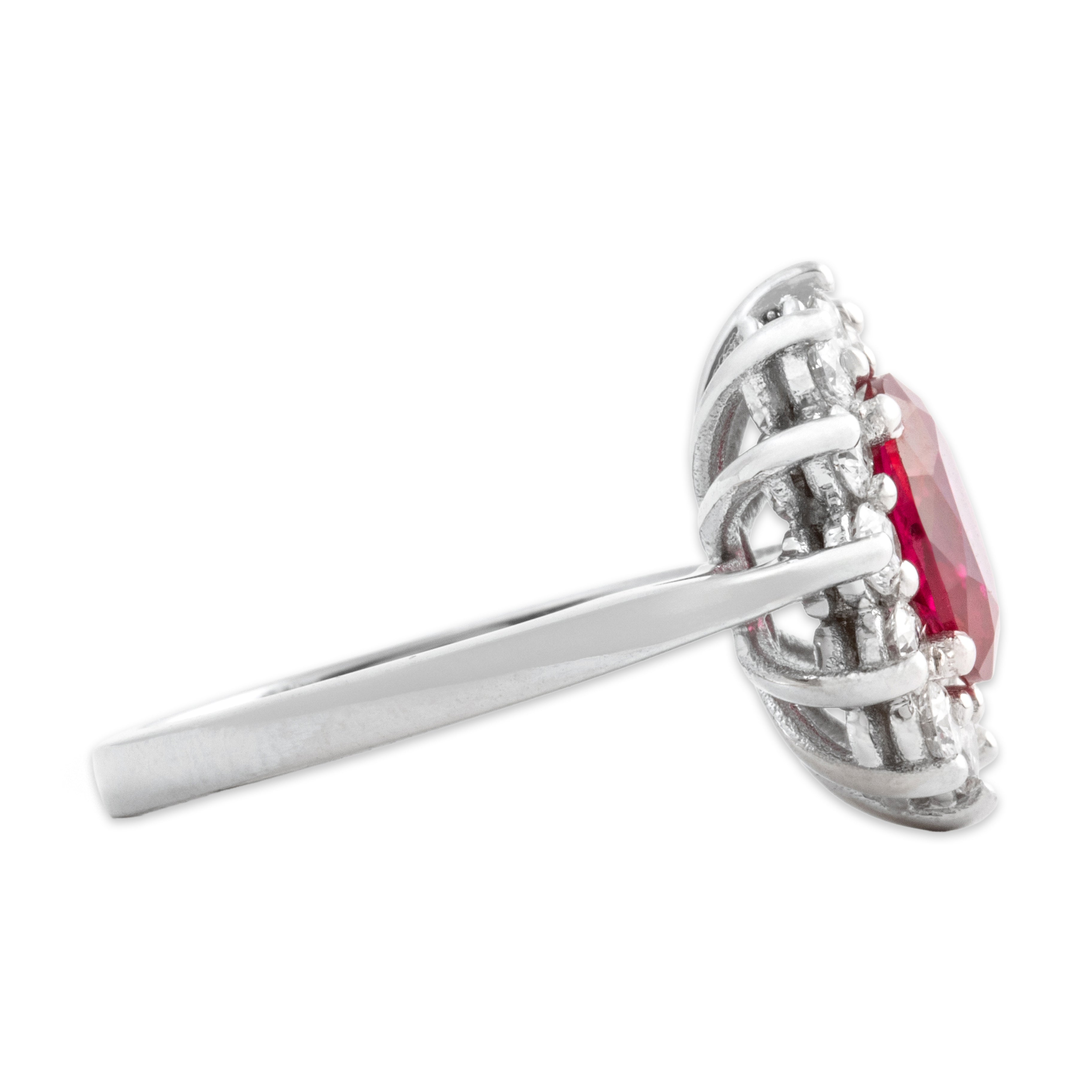 Vintage 18k White Gold 1.53ct Synthetic Ruby Natural Diamond Bright Vibrant Halo Ring - Side view