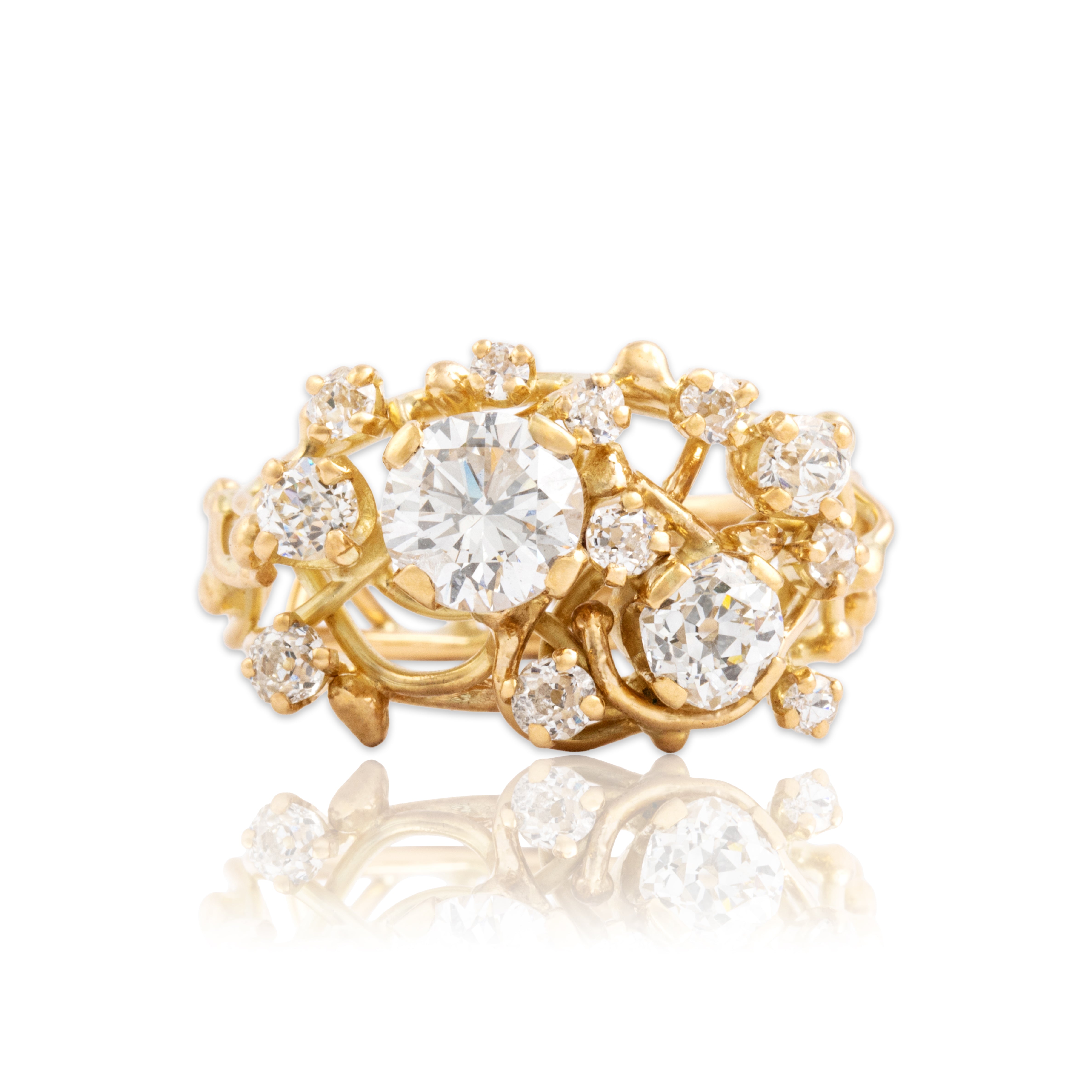 Vintage 18k Yellow Gold 2.06cttw Old Mine Cut Diamond Brutalist Briar Patch Ring - Close-up view