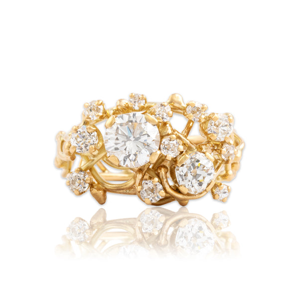 Vintage 18k Yellow Gold 2.06cttw Old Mine Cut Diamond Brutalist Briar Ring 7.00