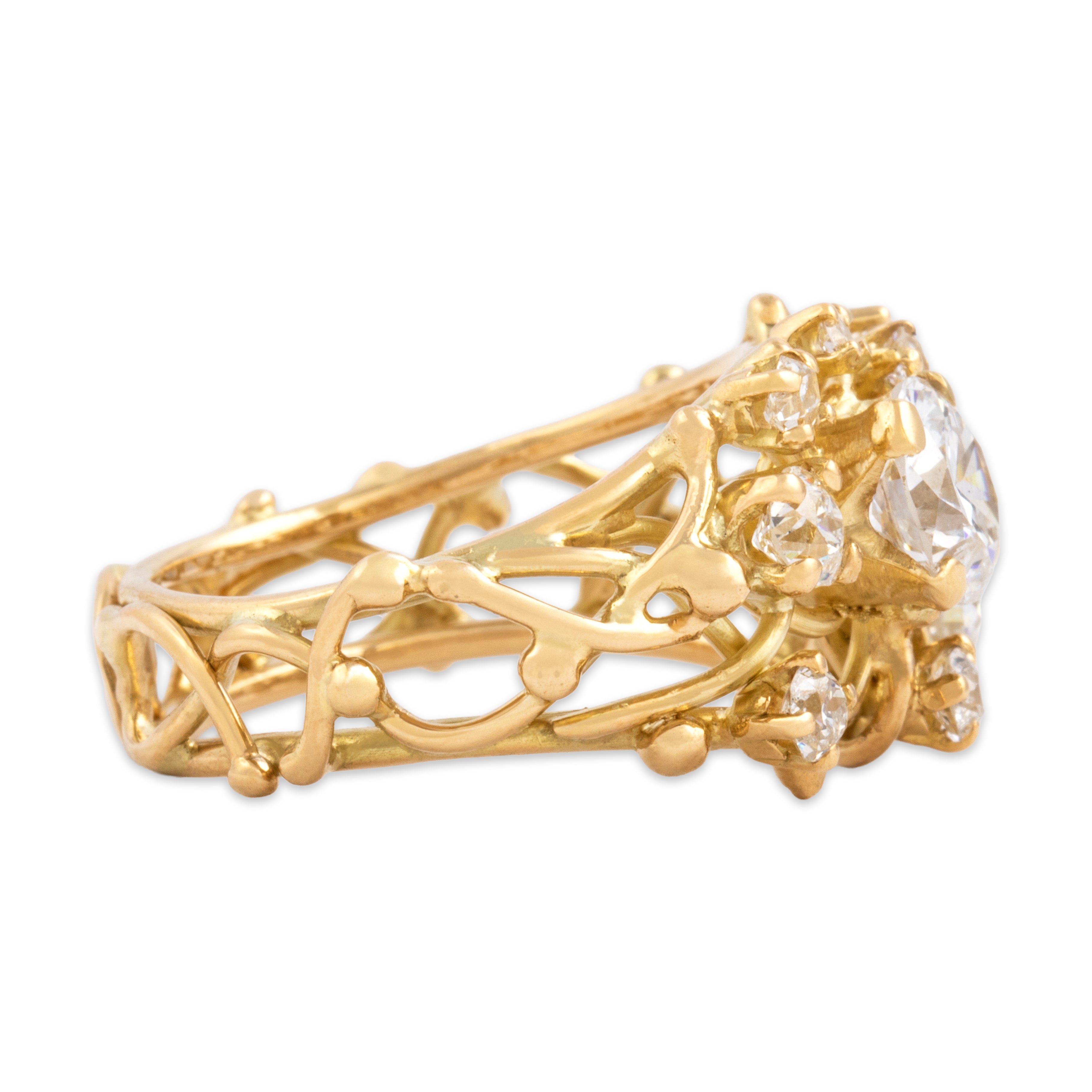 Vintage 18k Yellow Gold 2.06cttw Old Mine Cut Diamond Brutalist Briar Patch Ring - Side view