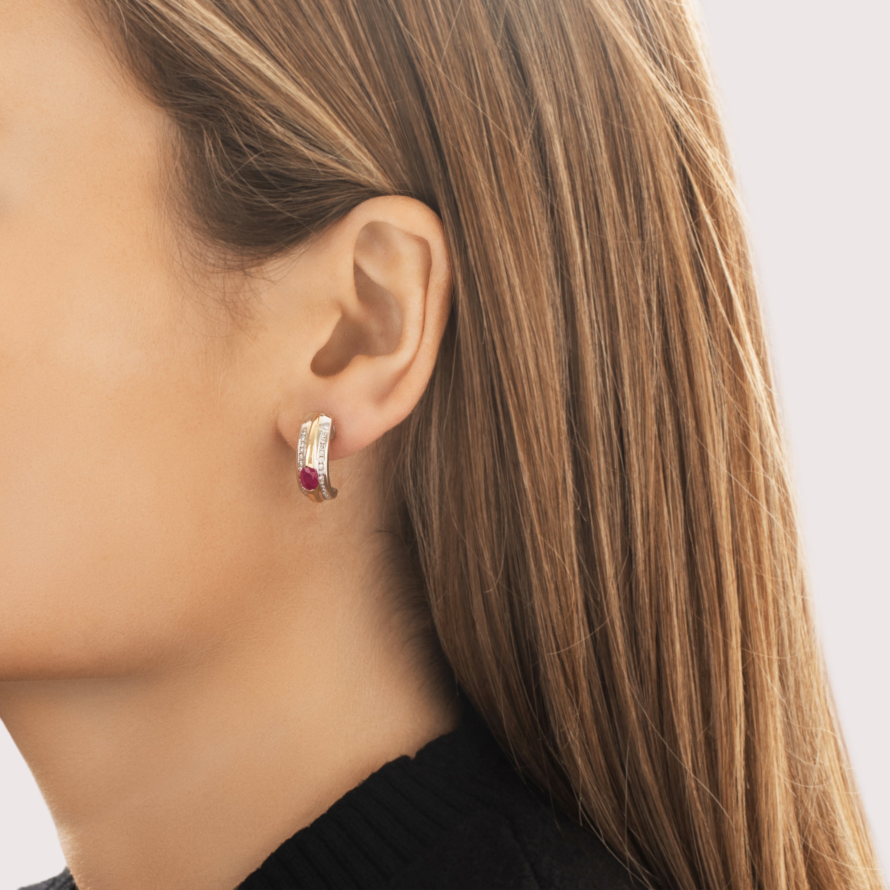 Estate 14k White & Yellow Gold .83cttw Ruby Diamond Chunky Two-Toned Statement Hoop Earrings - On model view